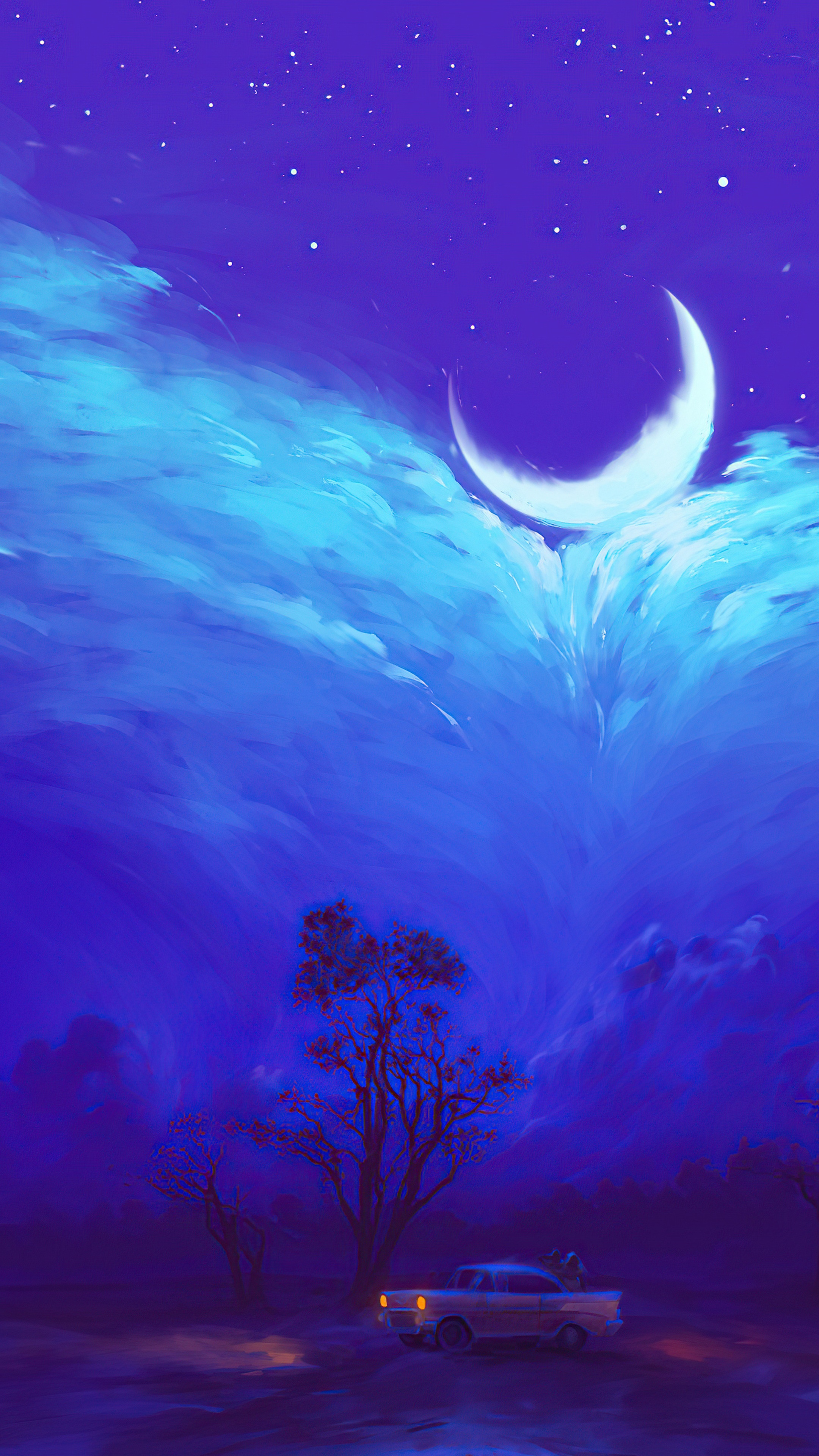 Crescent moon over a car and trees at night HD Phone Wallpaper