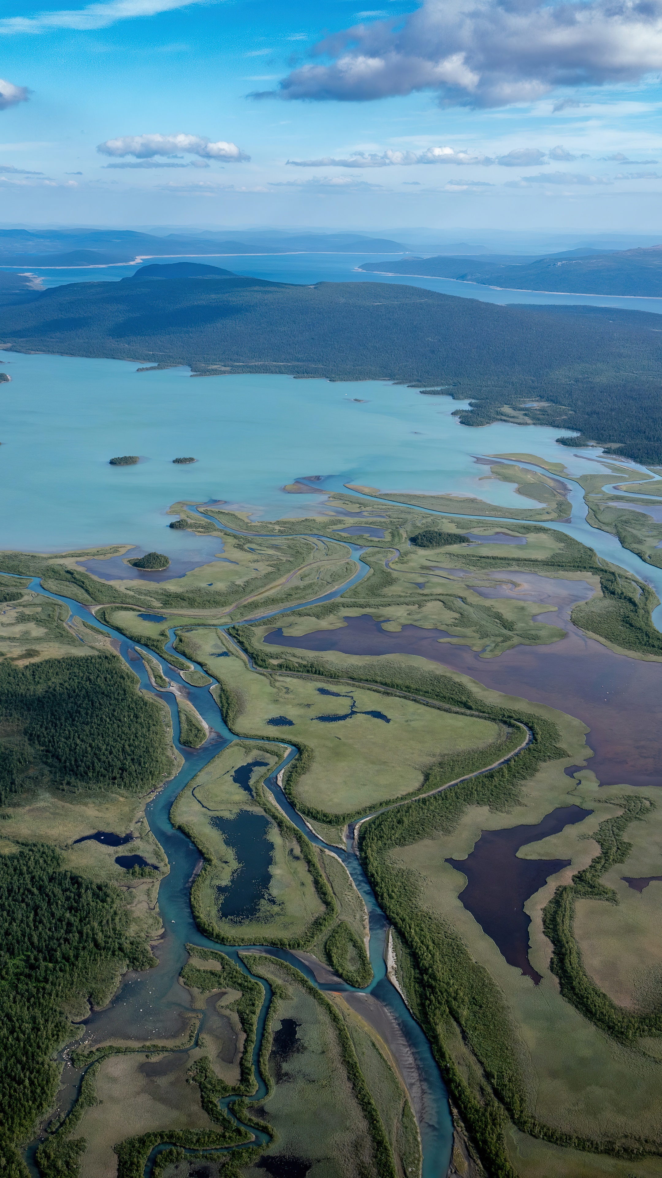 Aerial view of a winding river delta and lake HD Phone Wallpaper