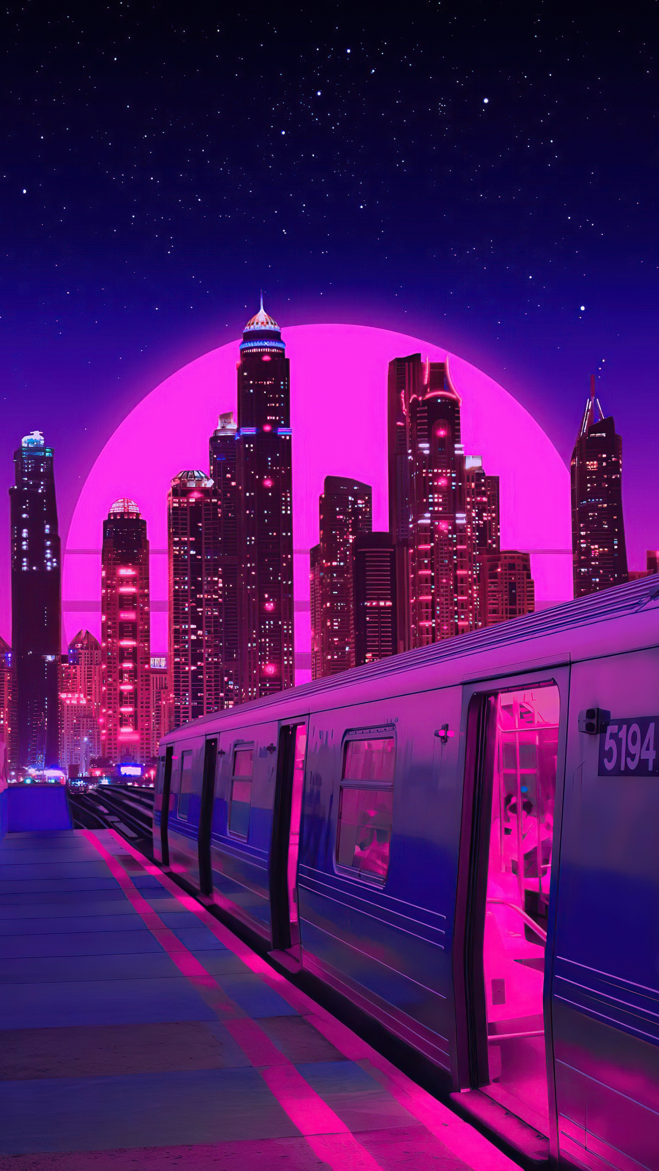Synthwave train station with city skyline and moon HD Phone Wallpaper