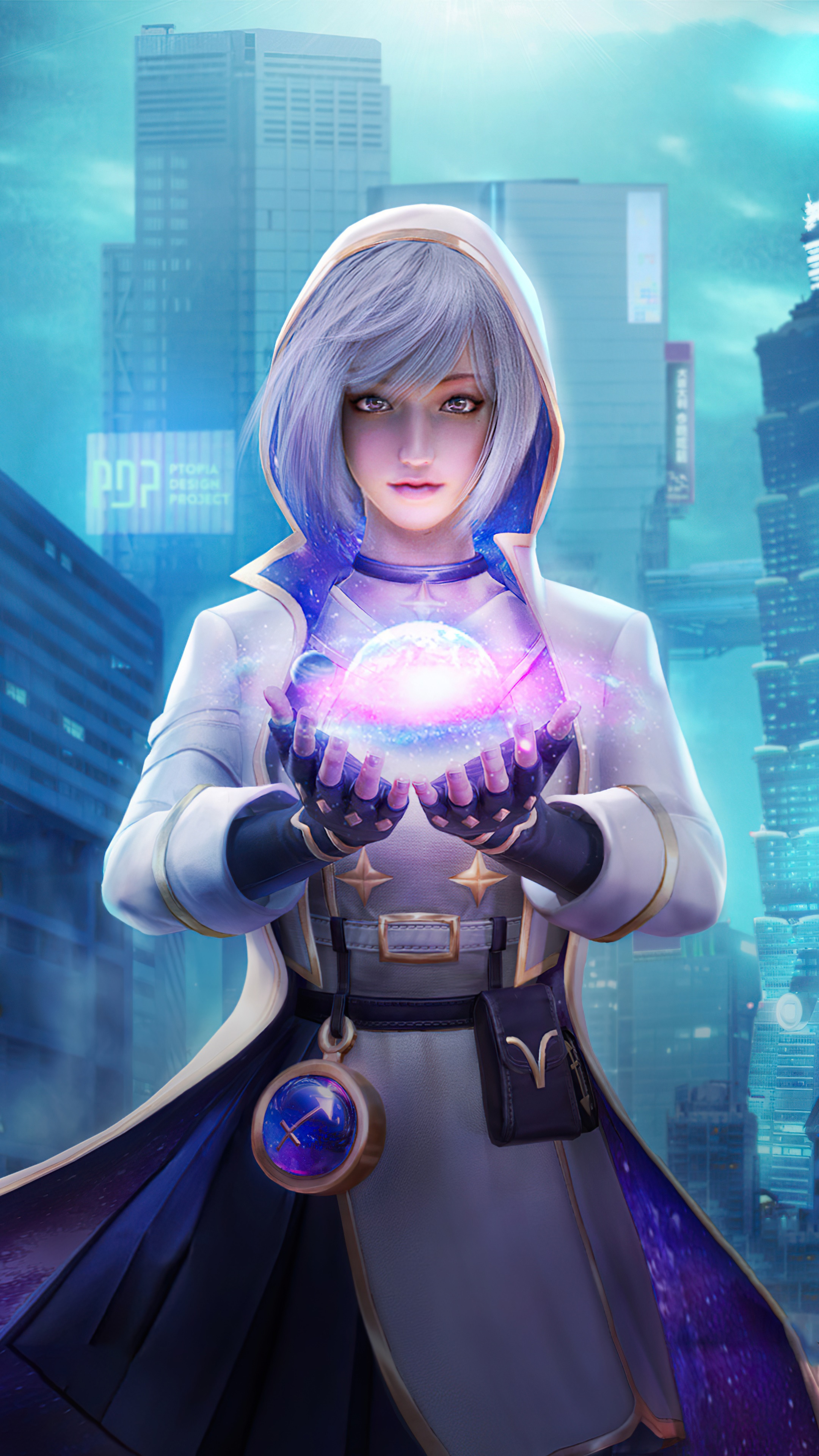 PUBG character holding a glowing orb in a futuristic city HD Phone Wallpaper