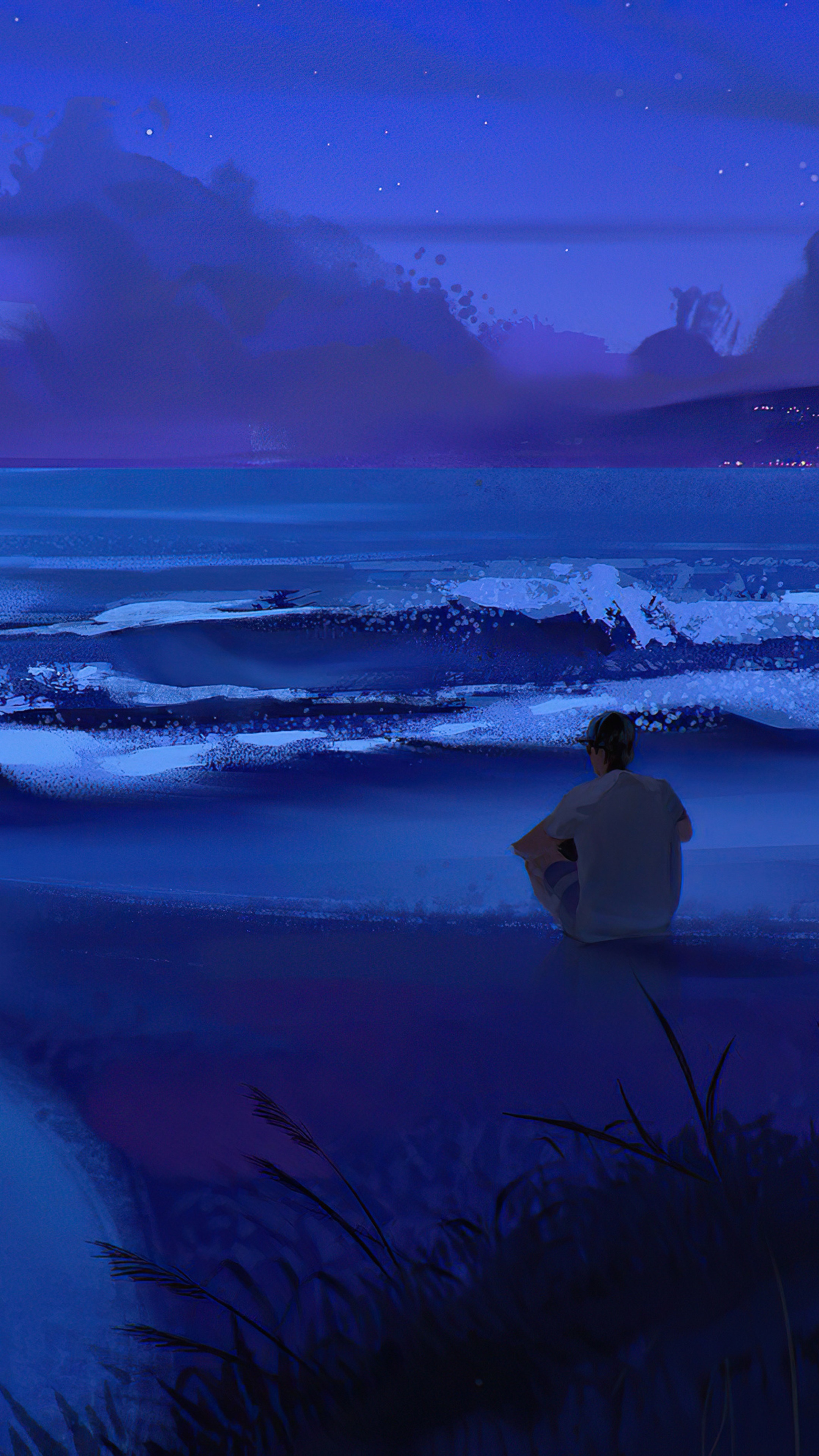Digital art of a person sitting by the ocean at night HD Phone Wallpaper
