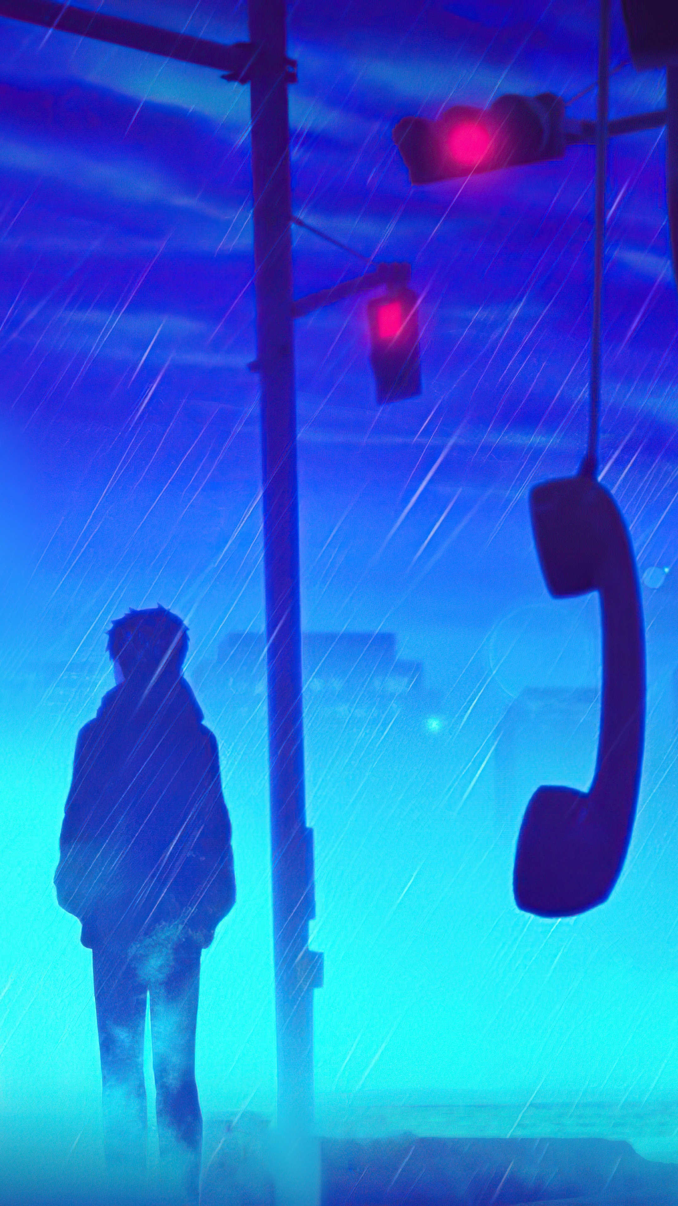 Silhouette of a person in the rain with a hanging phone receiver HD Phone Wallpaper