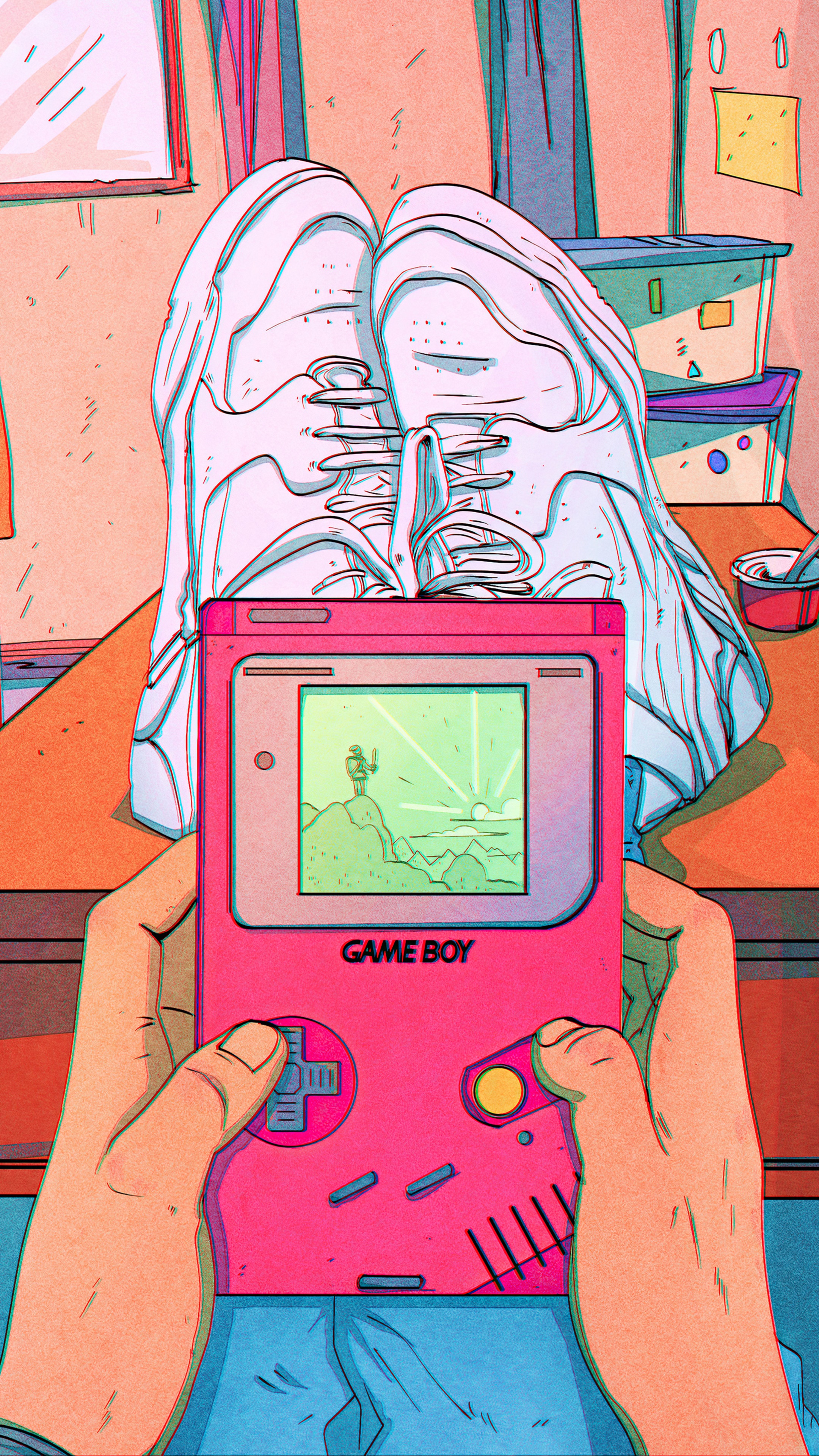 Person playing a pink Game Boy with white sneakers HD Phone Wallpaper