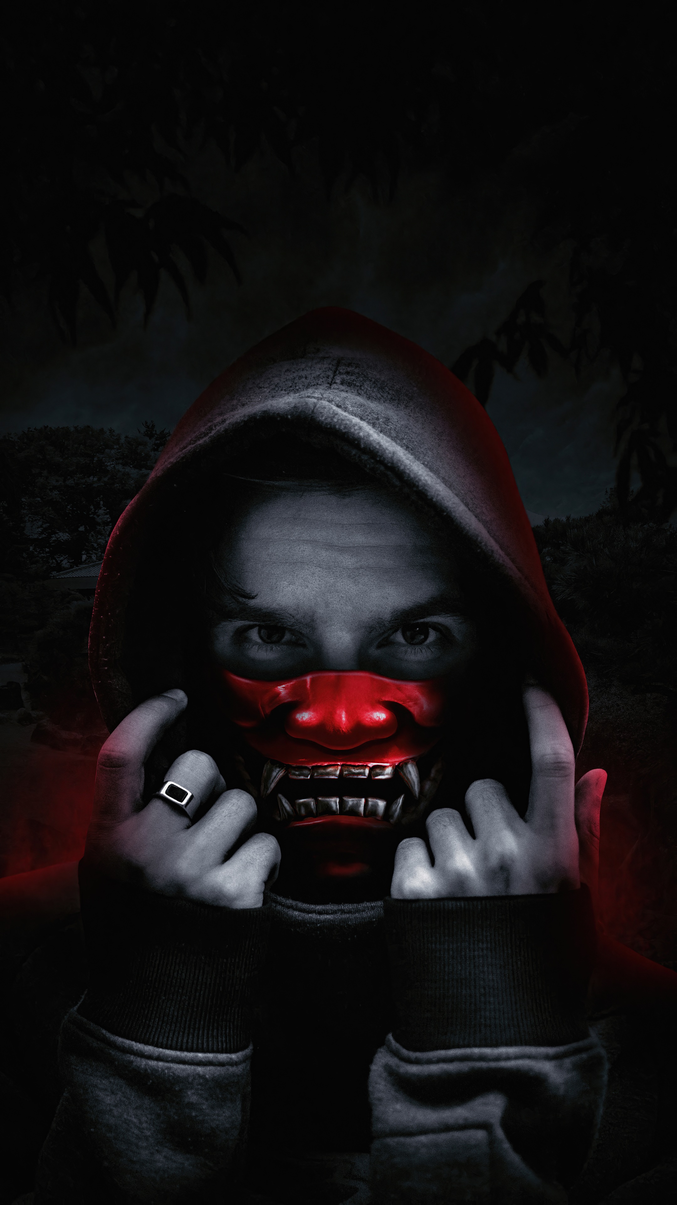 Person wearing a red oni mask and hoodie HD Phone Wallpaper