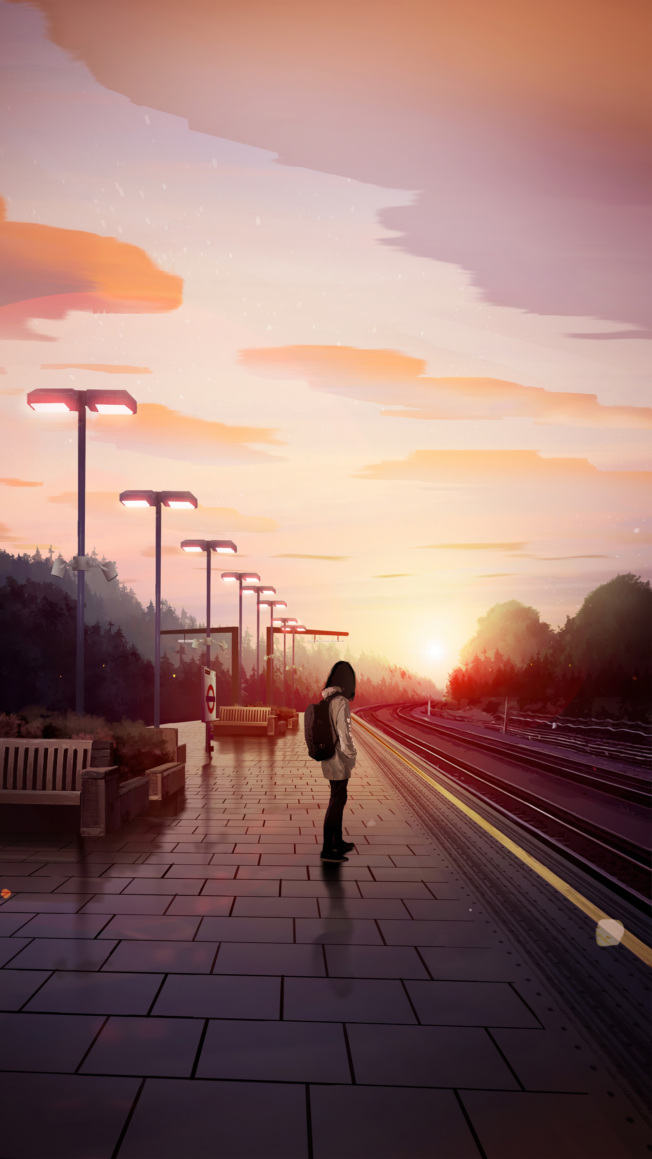 Artwork of a person on a train platform at sunset HD Phone Wallpaper