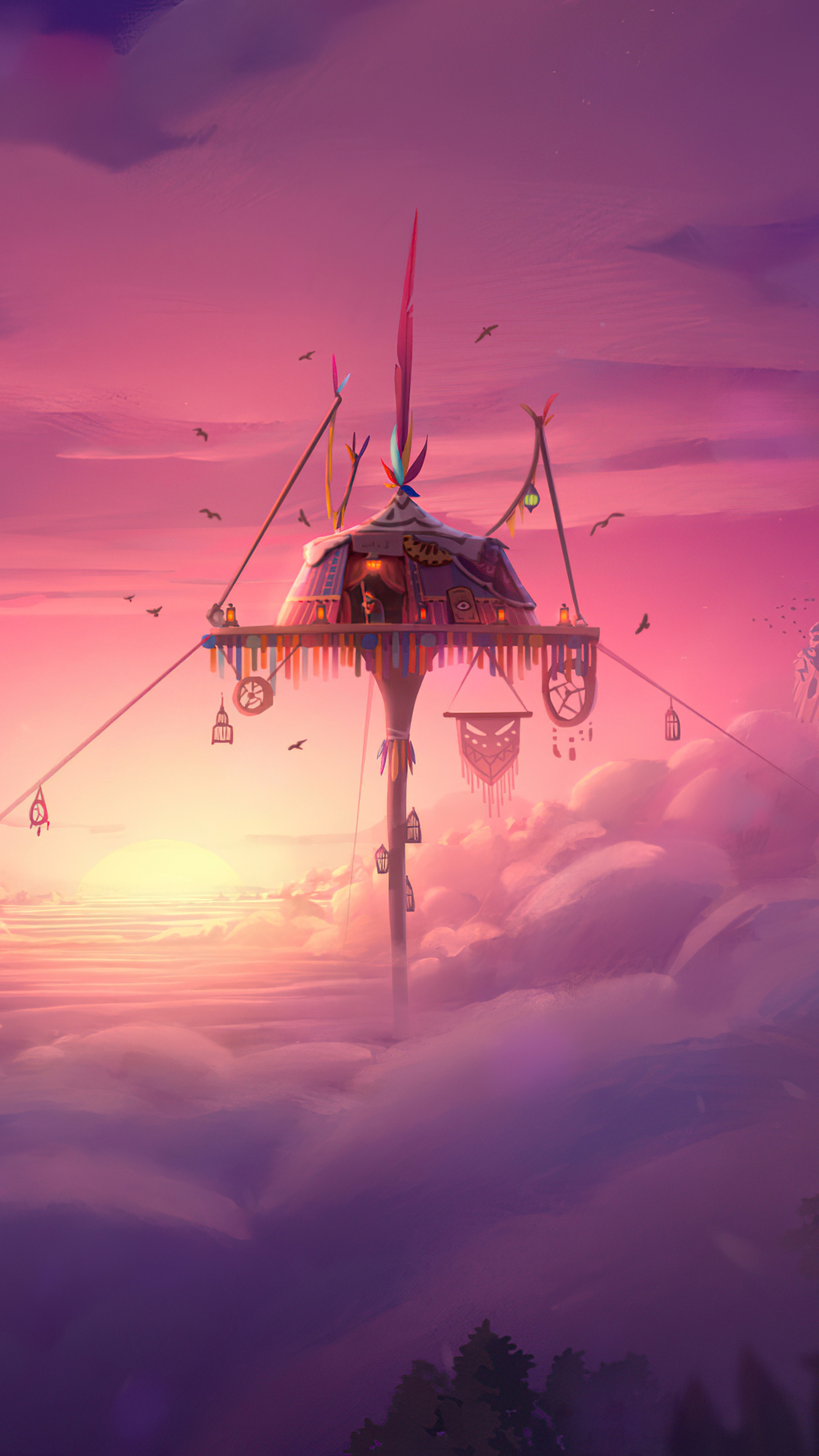 Fantasy treehouse in the clouds at sunset HD Phone Wallpaper