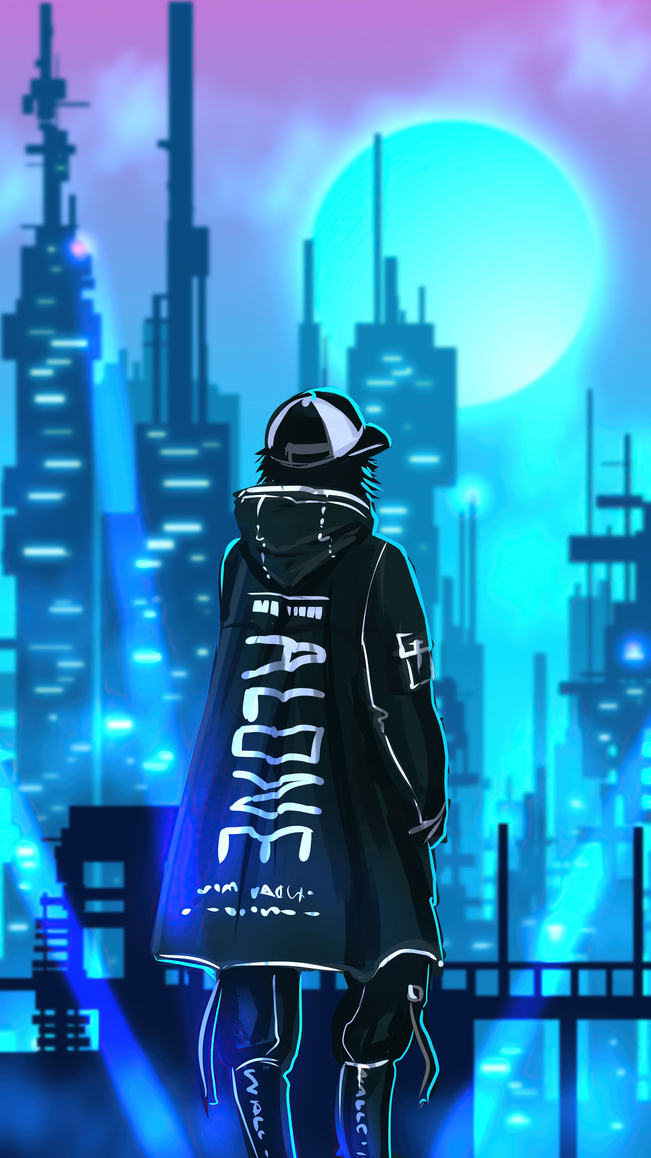 Person in a futuristic city at night HD Phone Wallpaper