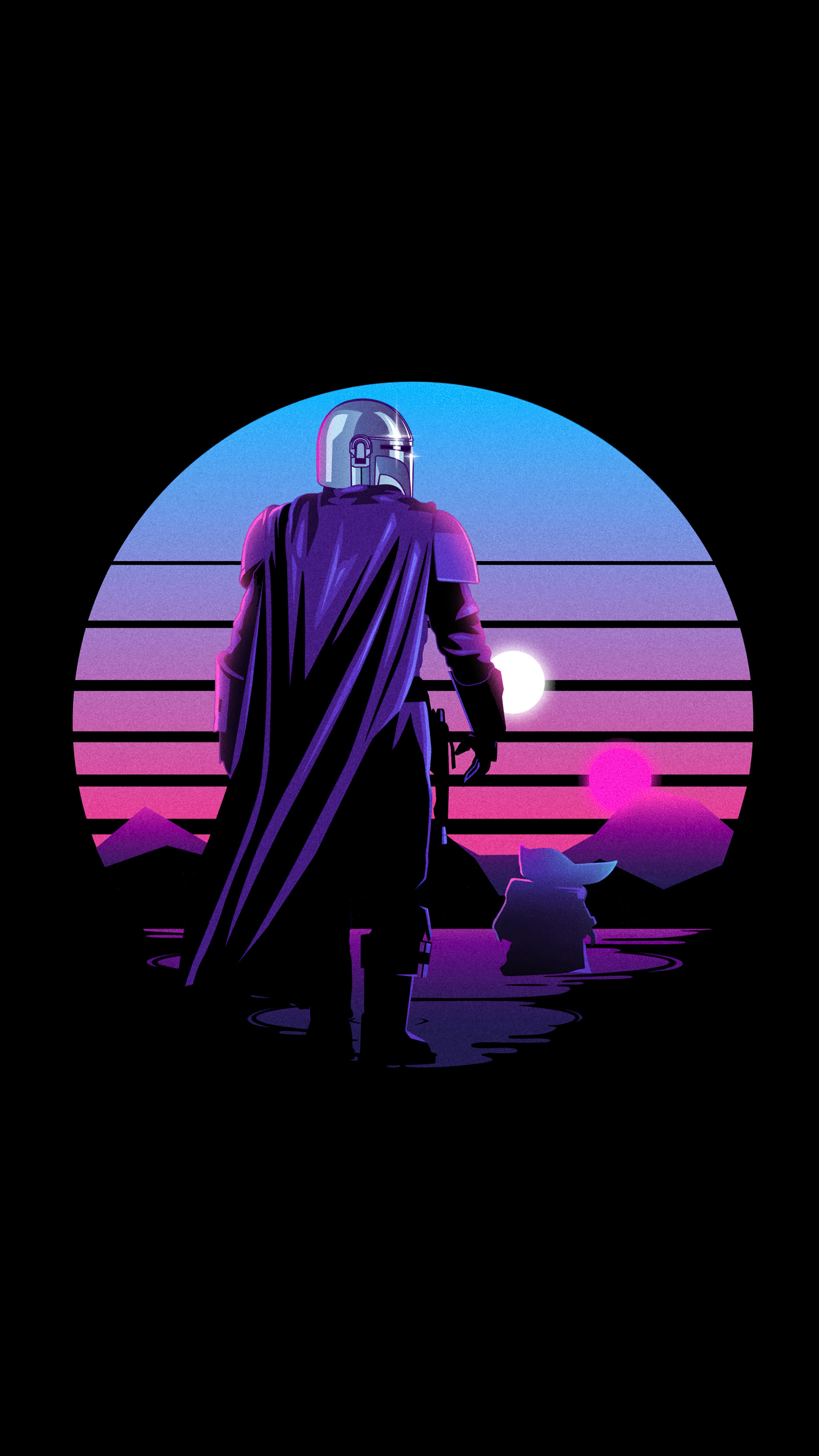 The Mandalorian and Grogu in a retro sunset HD Phone Wallpaper