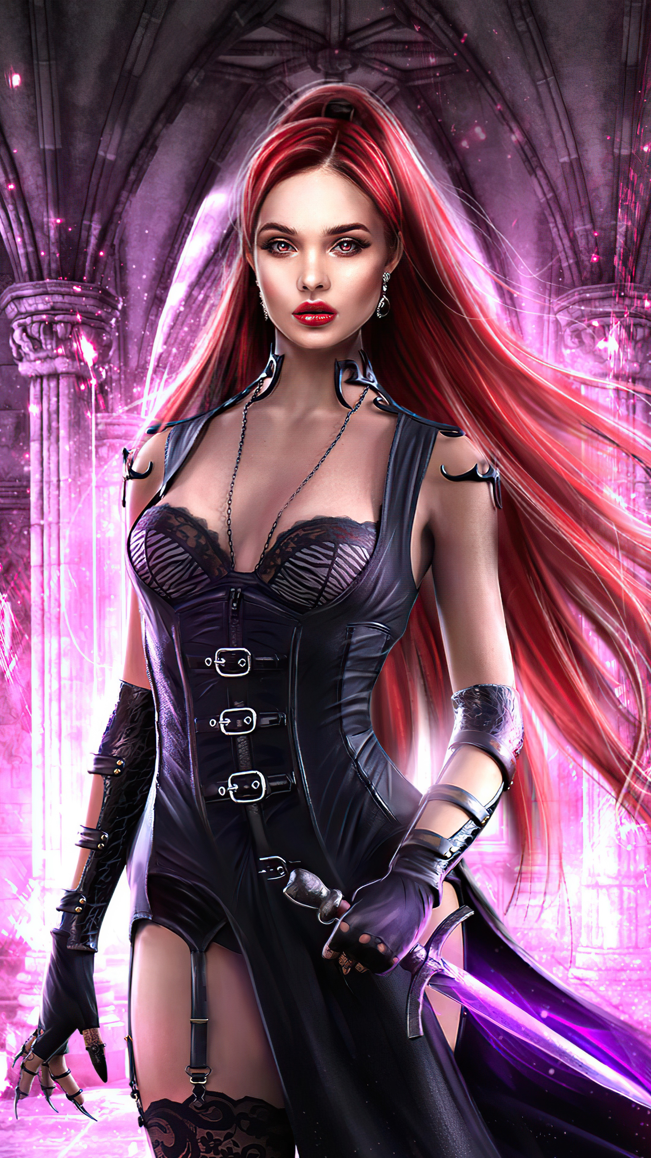 Fantasy woman with red hair and sword HD Phone Wallpaper