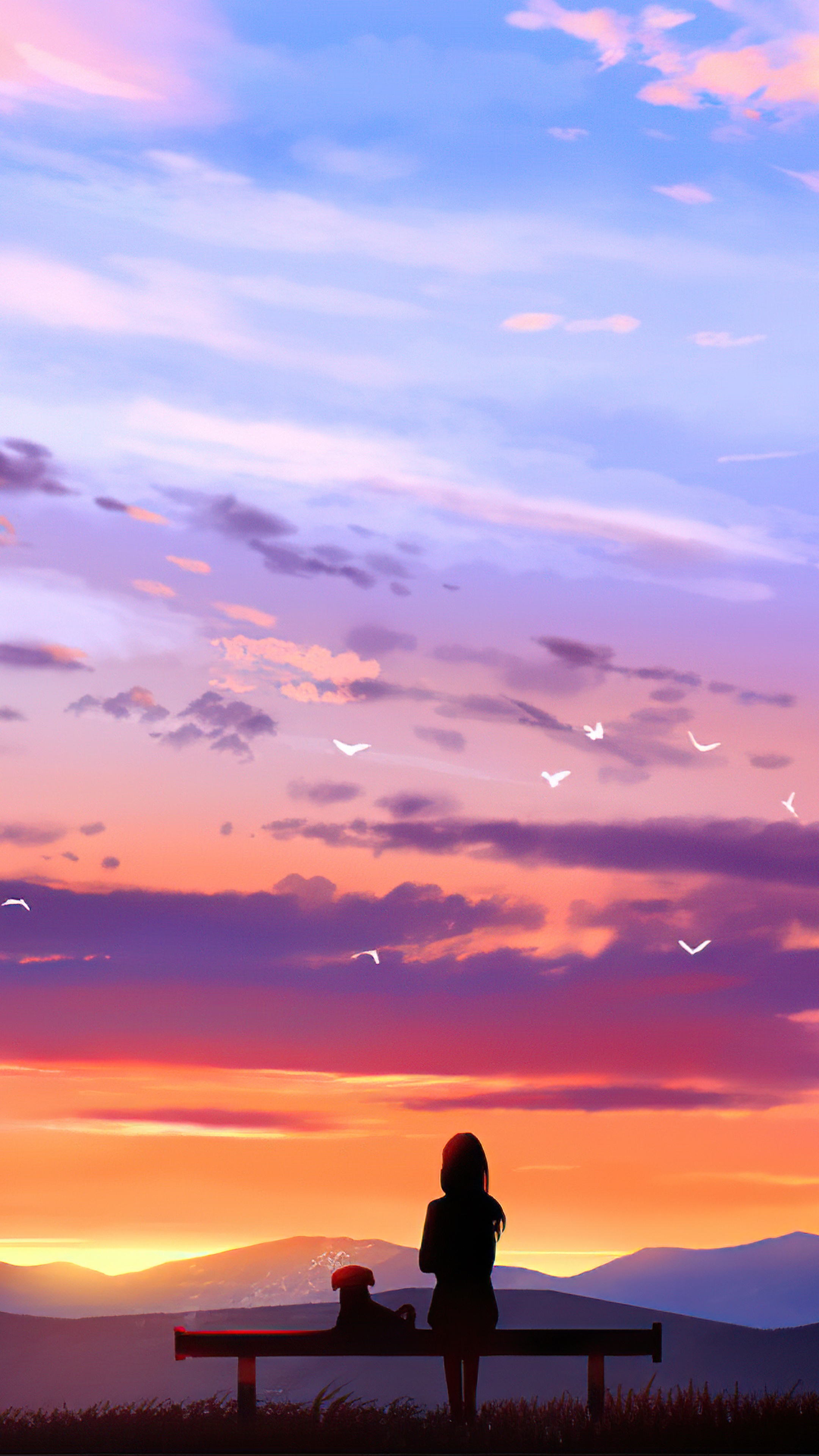 Anime girl and dog watching sunset HD Phone Wallpaper