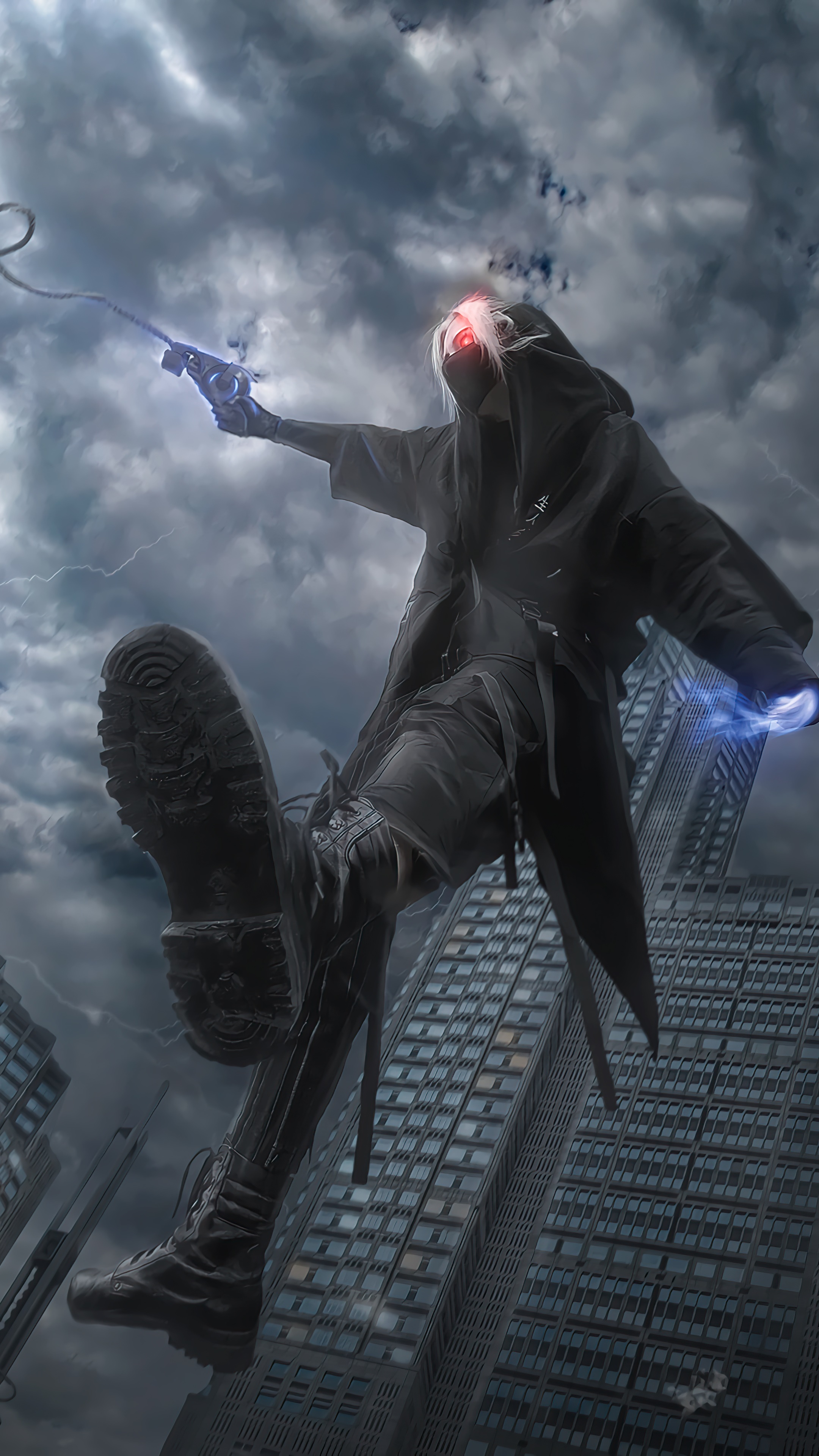 Man with glowing eyes and cybernetic arm in a city HD Phone Wallpaper