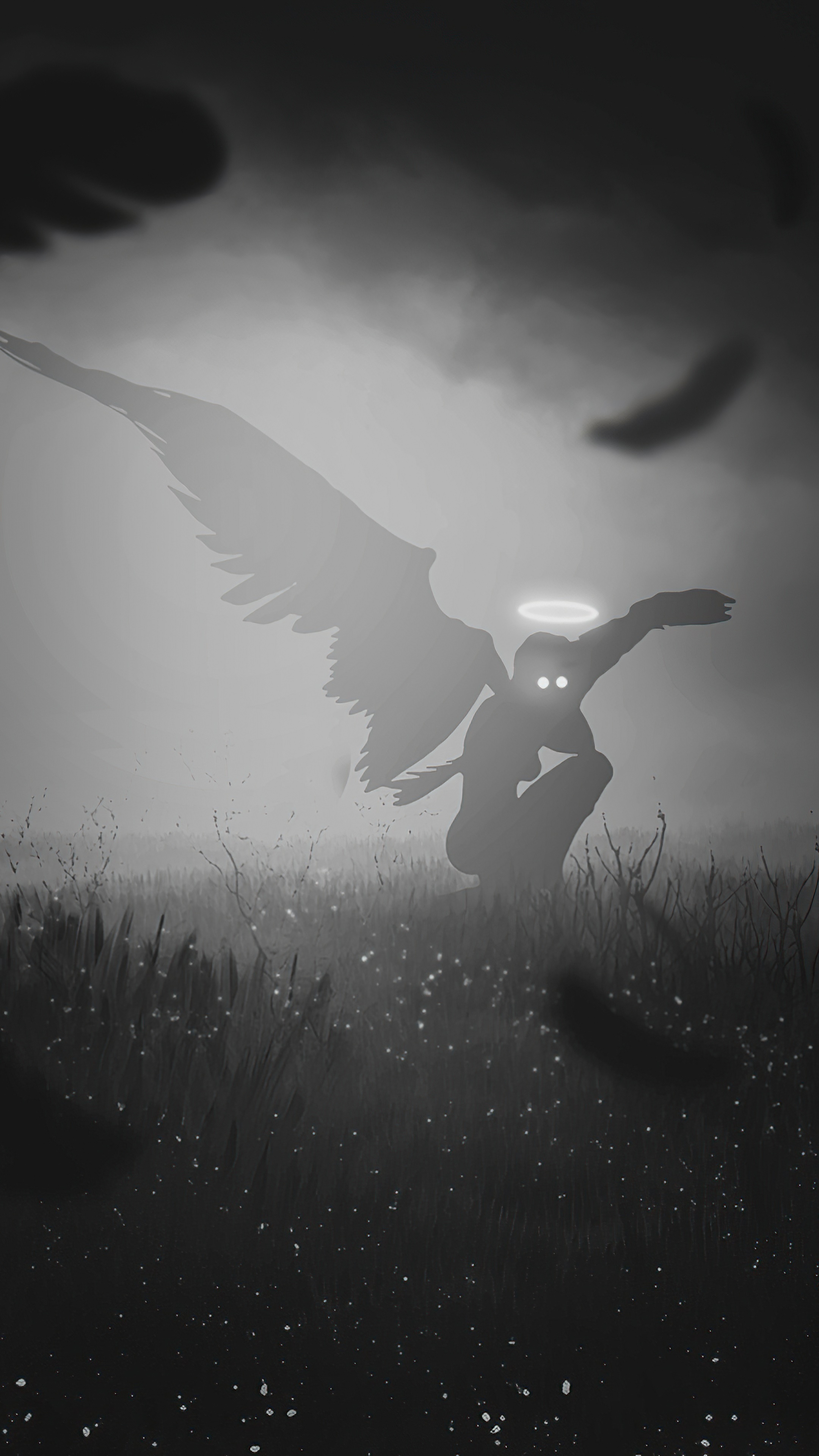 Angel with glowing eyes in a foggy field HD Phone Wallpaper