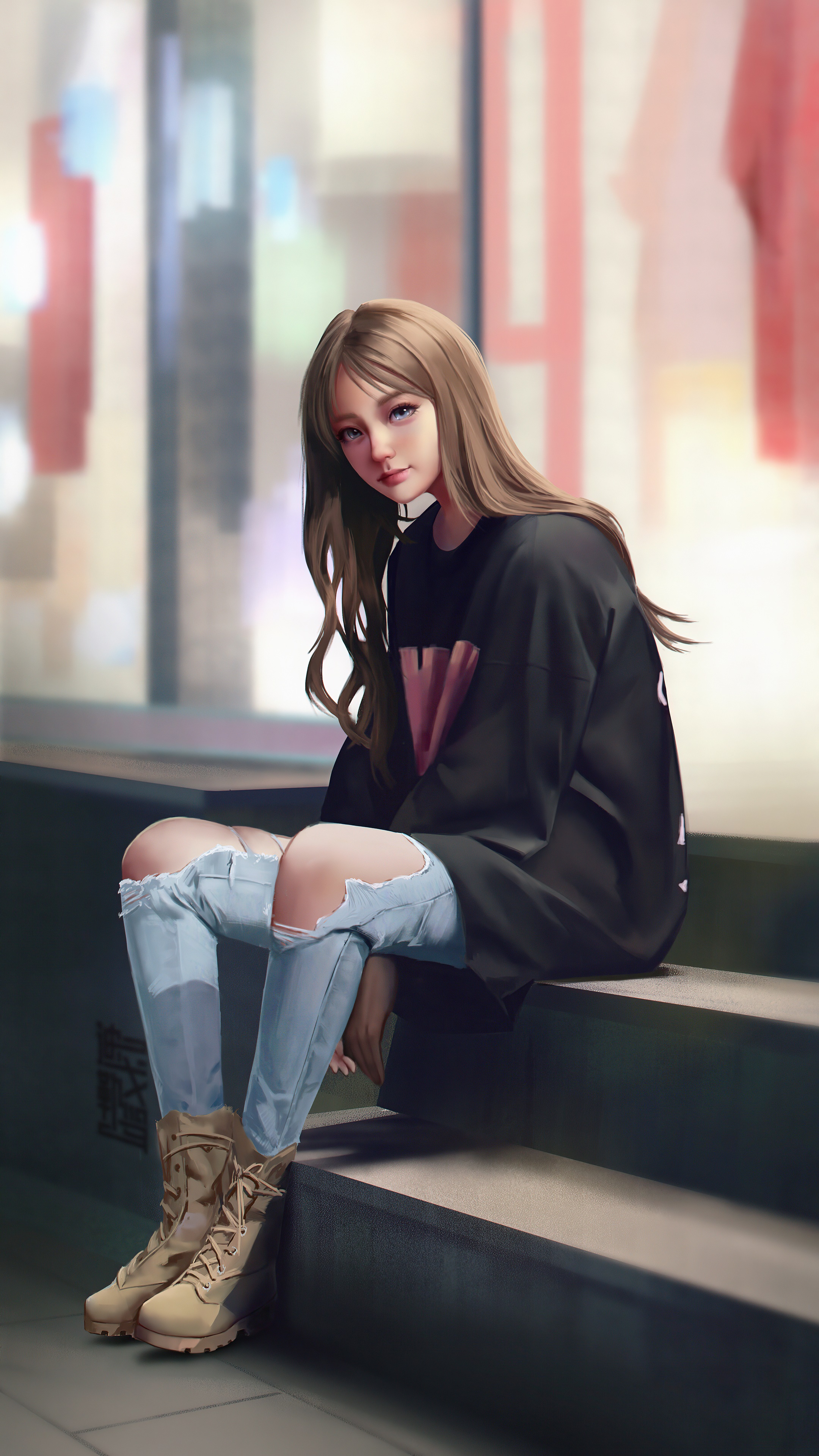 Girl in ripped jeans and oversized shirt sitting on steps HD Phone Wallpaper