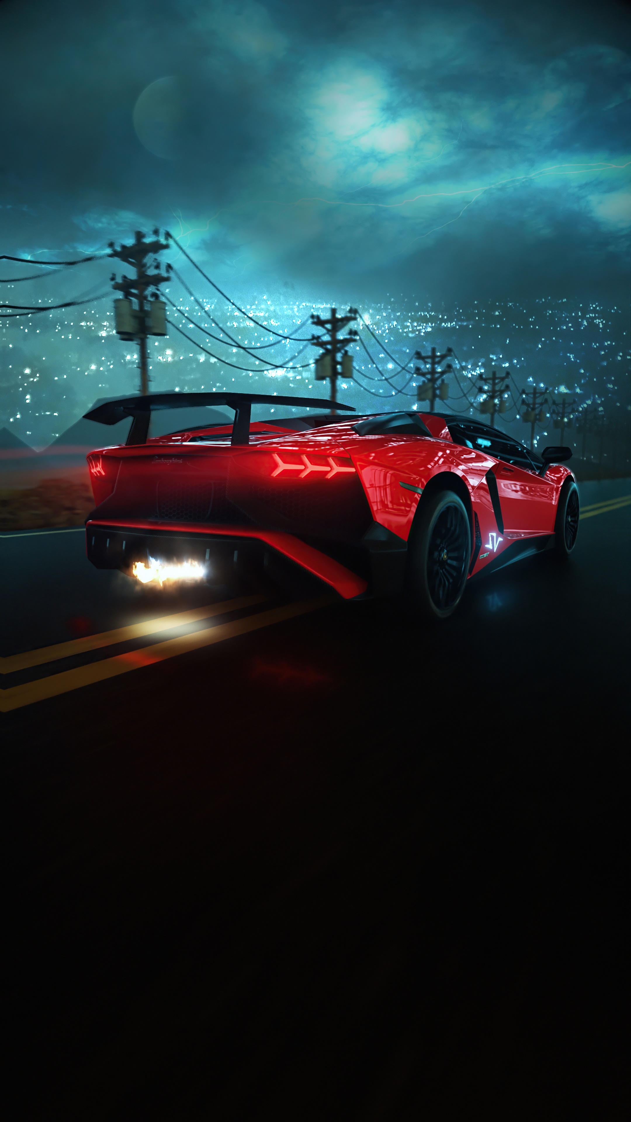 Red Lamborghini Aventador driving at night HD Phone Wallpaper