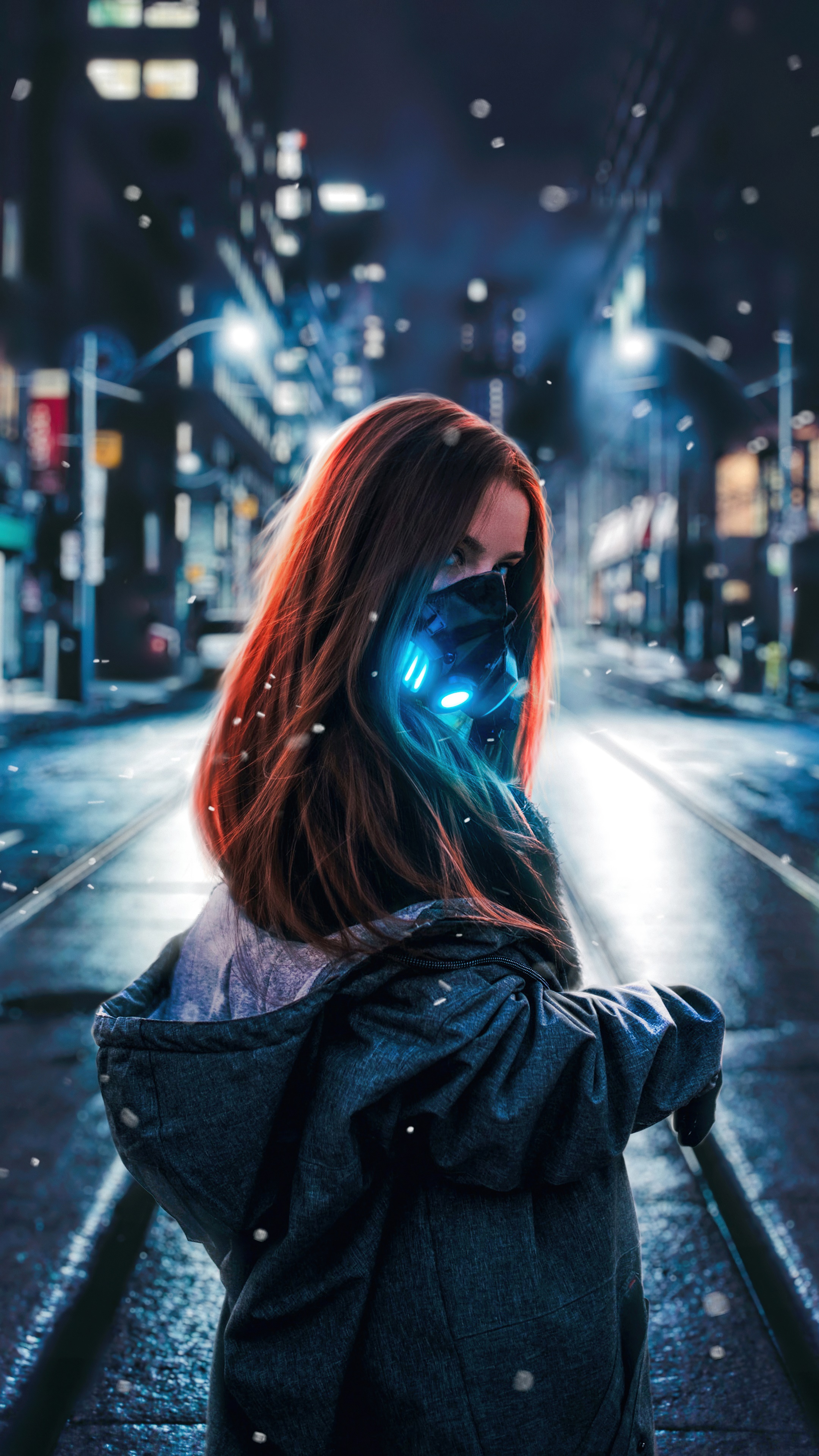 Girl with glowing mask in a city at night HD Phone Wallpaper