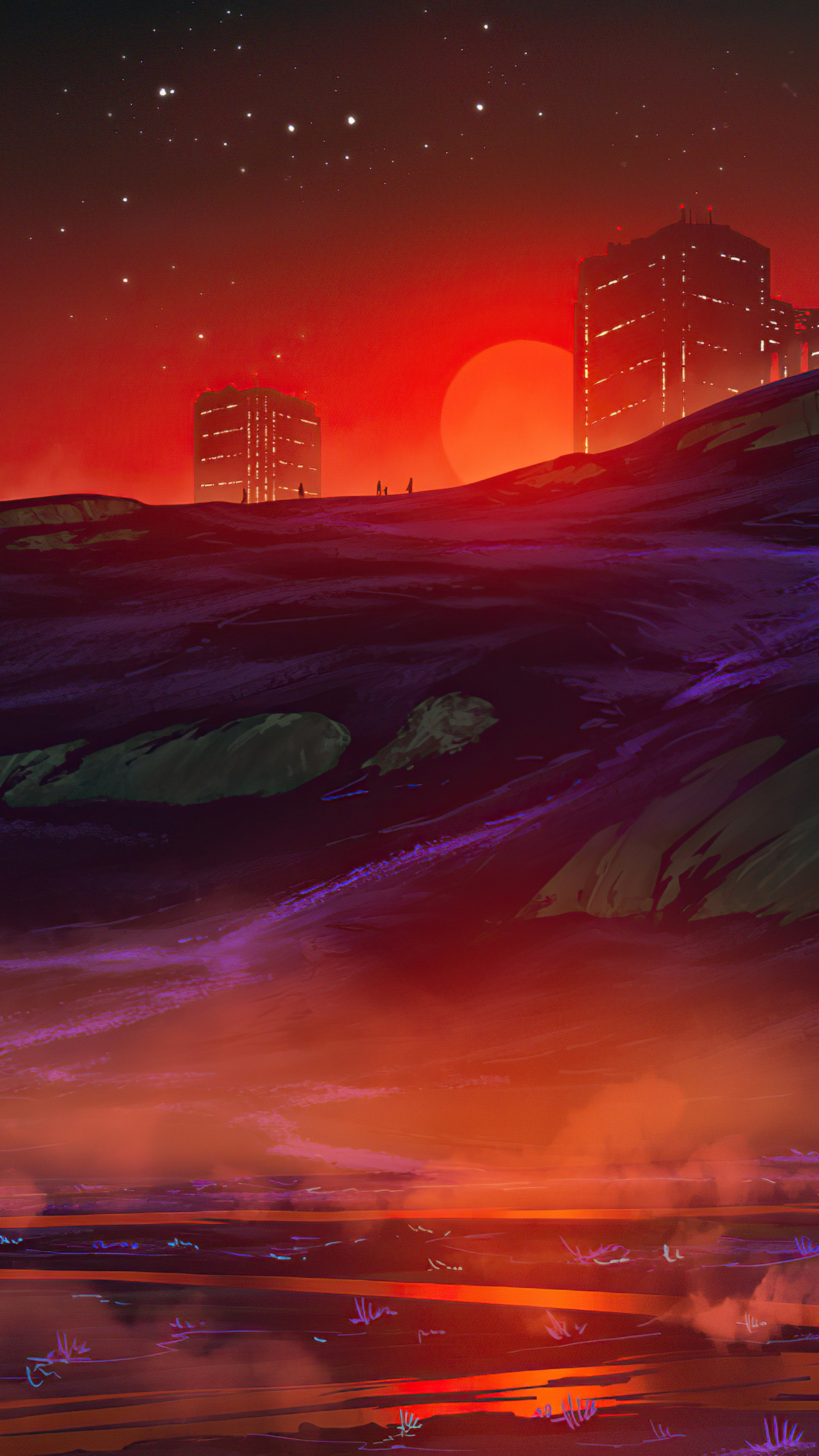 Alien landscape with futuristic city and red sun HD Phone Wallpaper