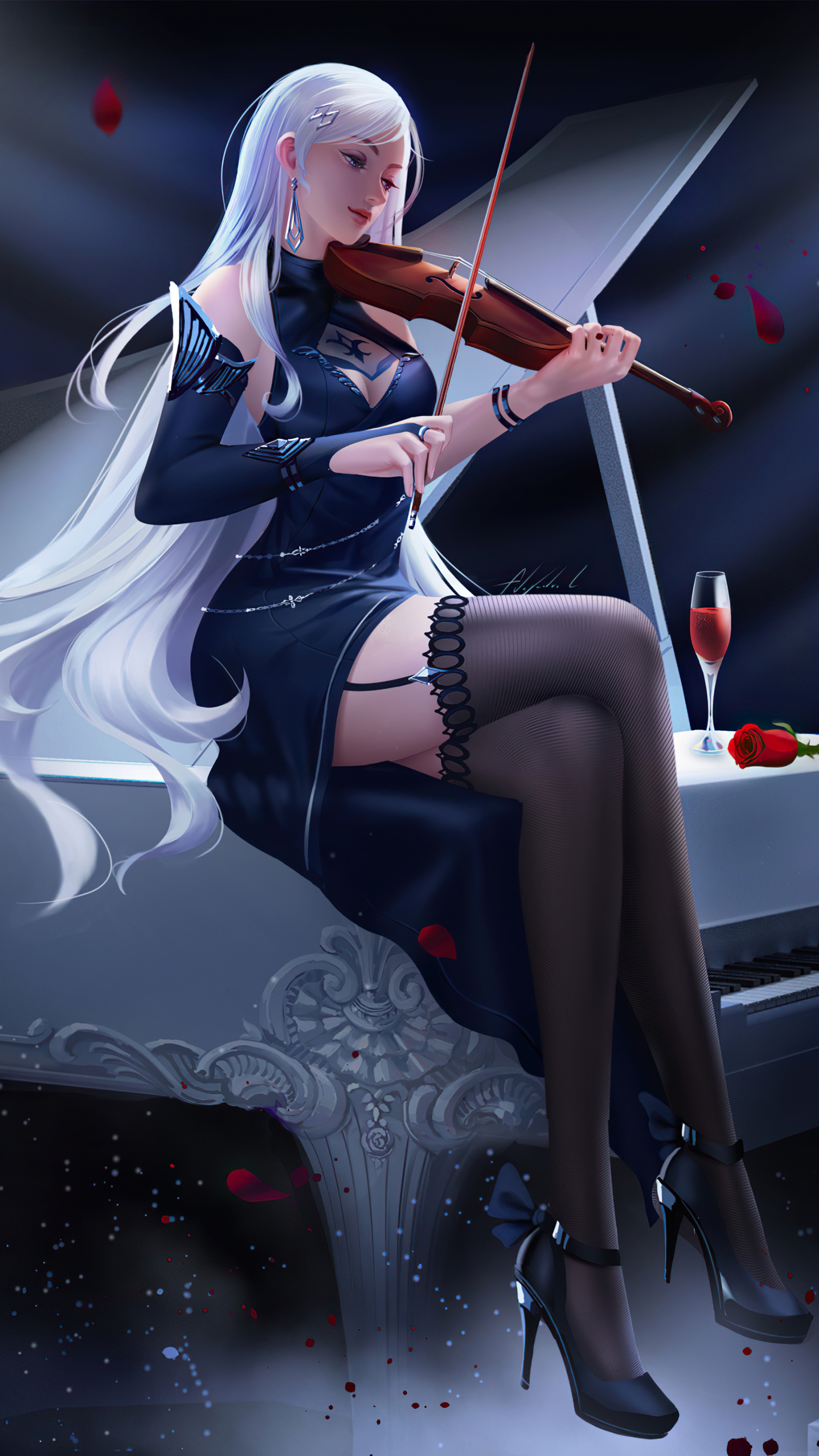 Woman playing violin on a piano HD Phone Wallpaper