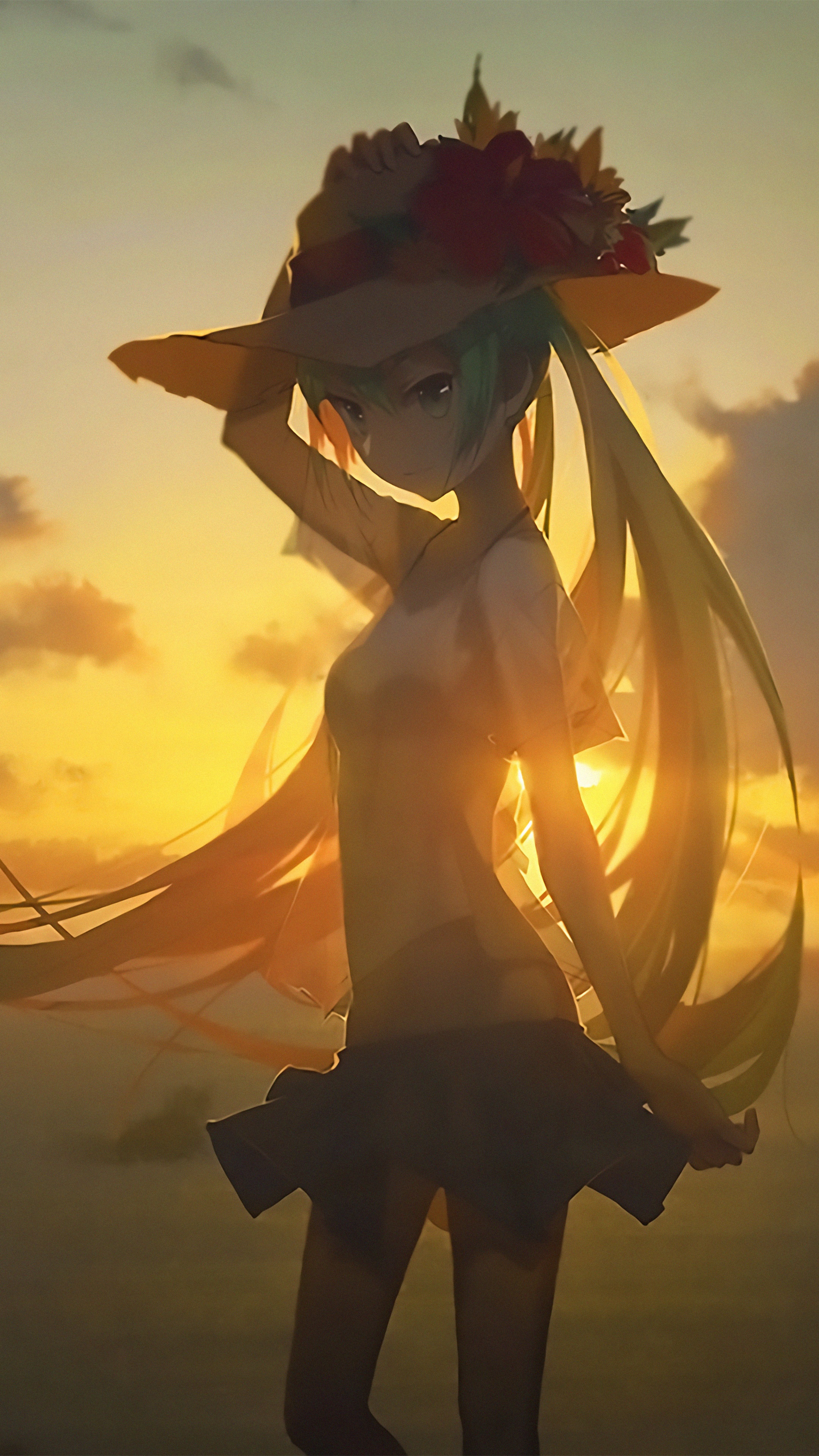 Hatsune Miku wearing a straw hat with flowers HD Phone Wallpaper
