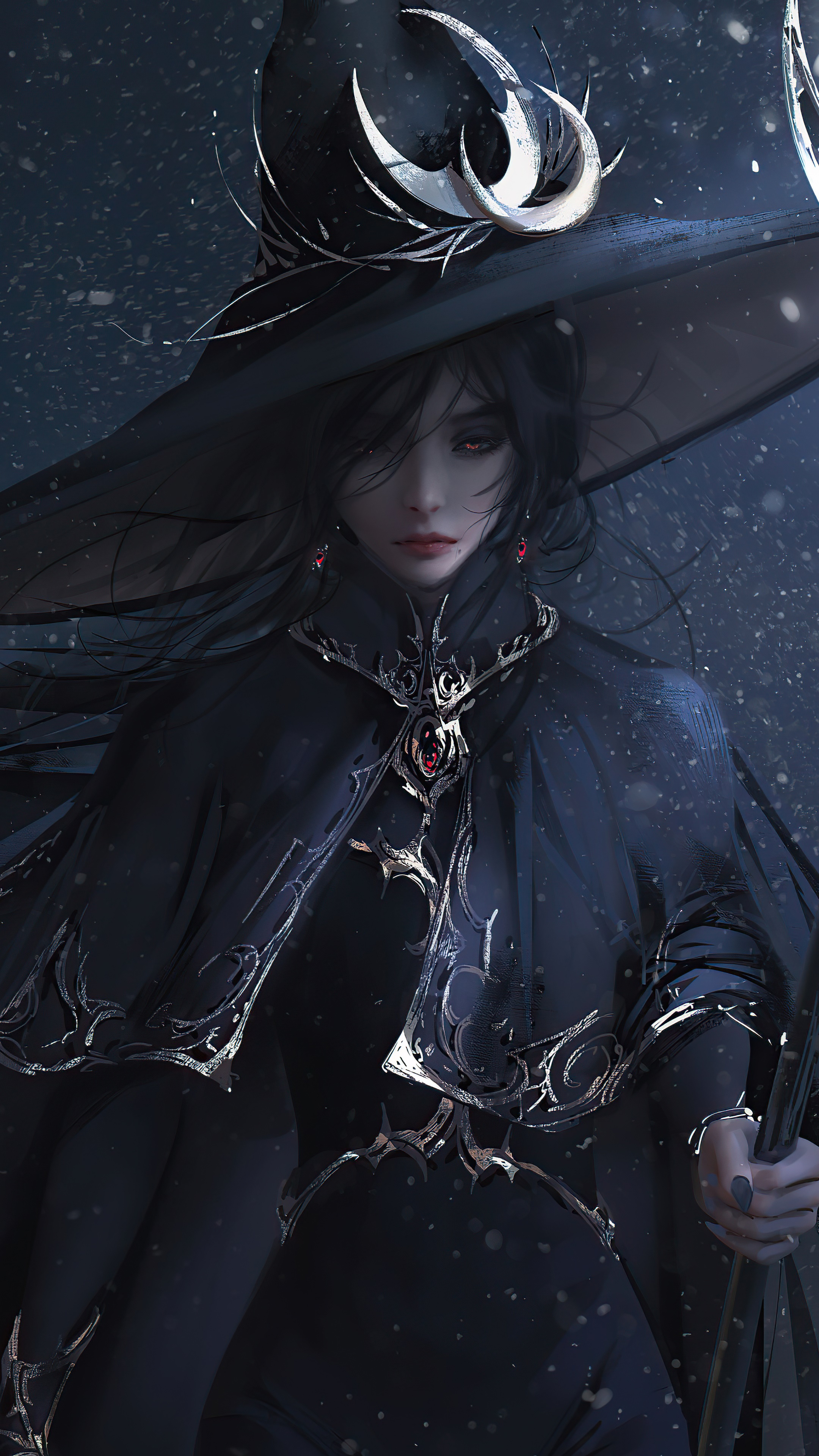 Anime witch with dark attire and moon adornments HD Phone Wallpaper