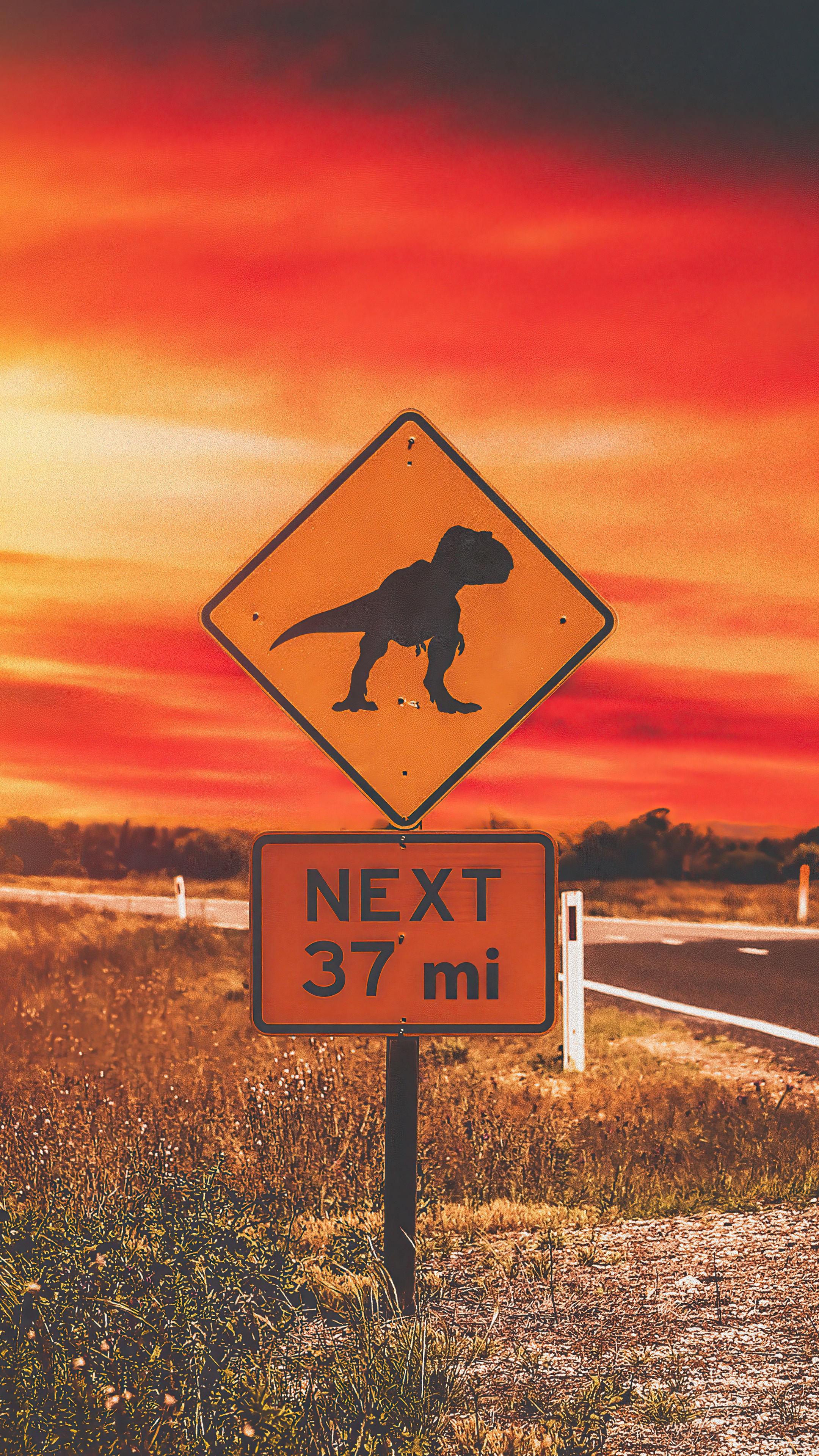 Dinosaur crossing sign with sunset HD Phone Wallpaper