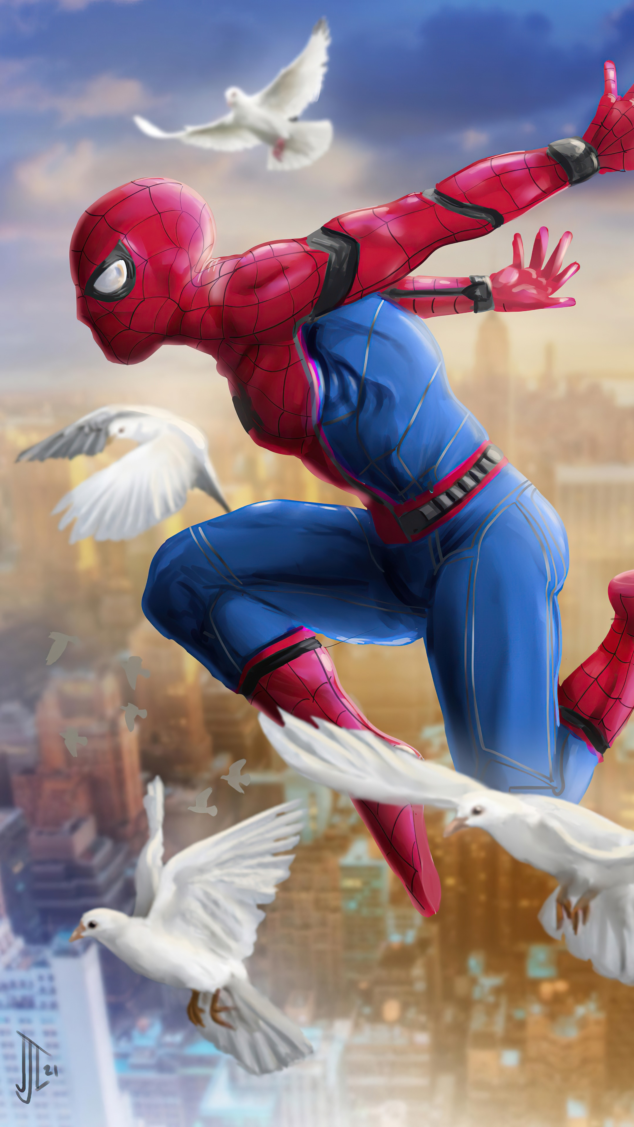 Spider-Man leaping through the city with doves HD Phone Wallpaper