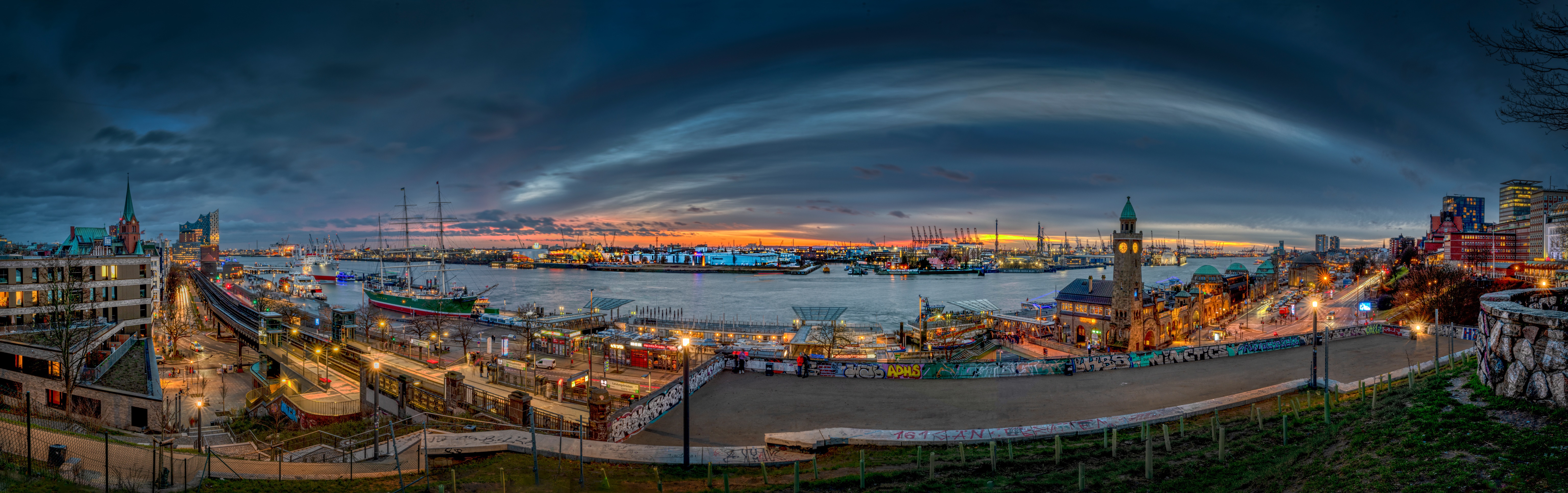 Hamburg Panorama at Dusk with Harbor and Cityscape HD Wallpaper