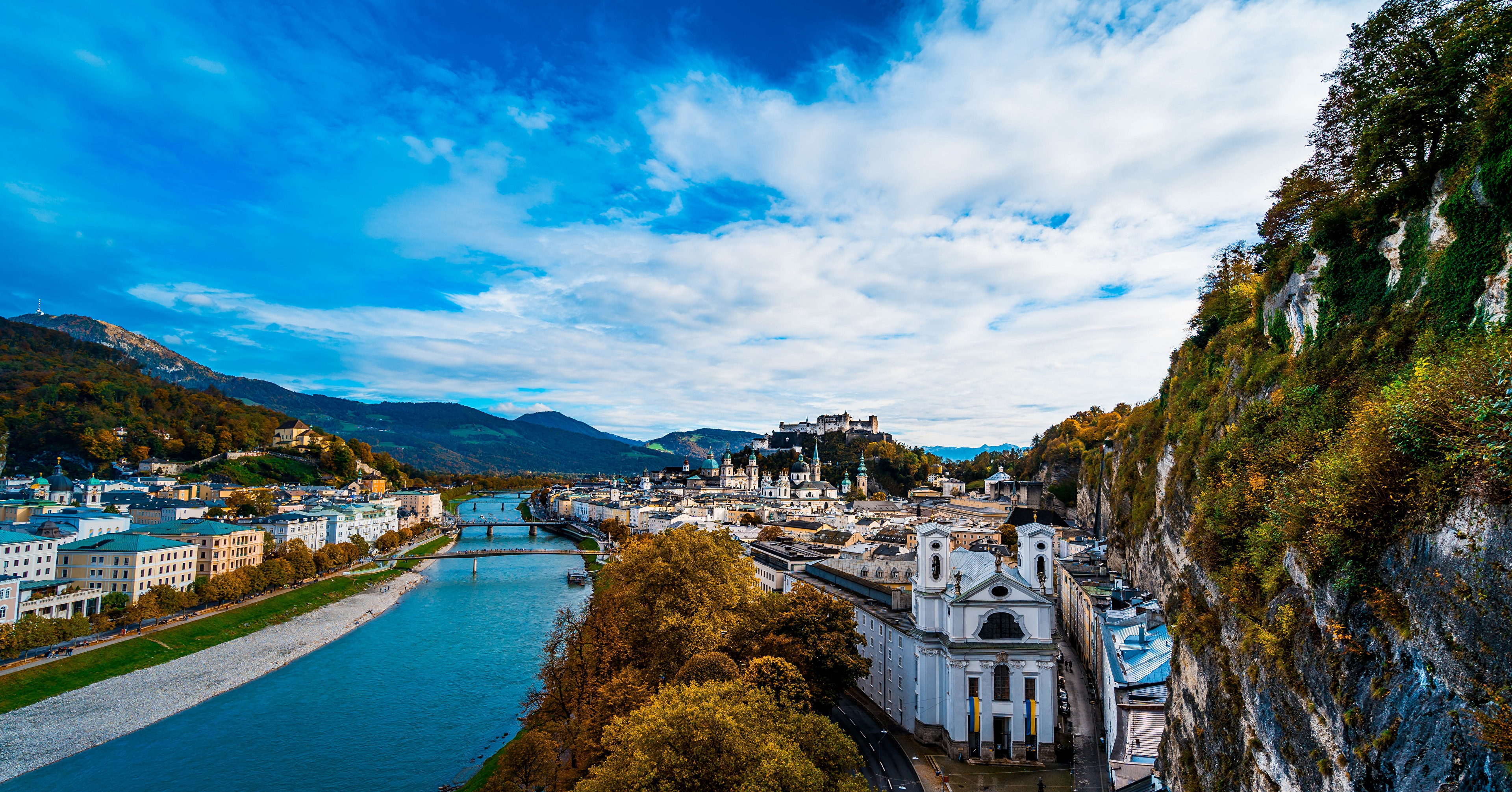 Salzburg, Austria with River and Mountains HD Wallpaper