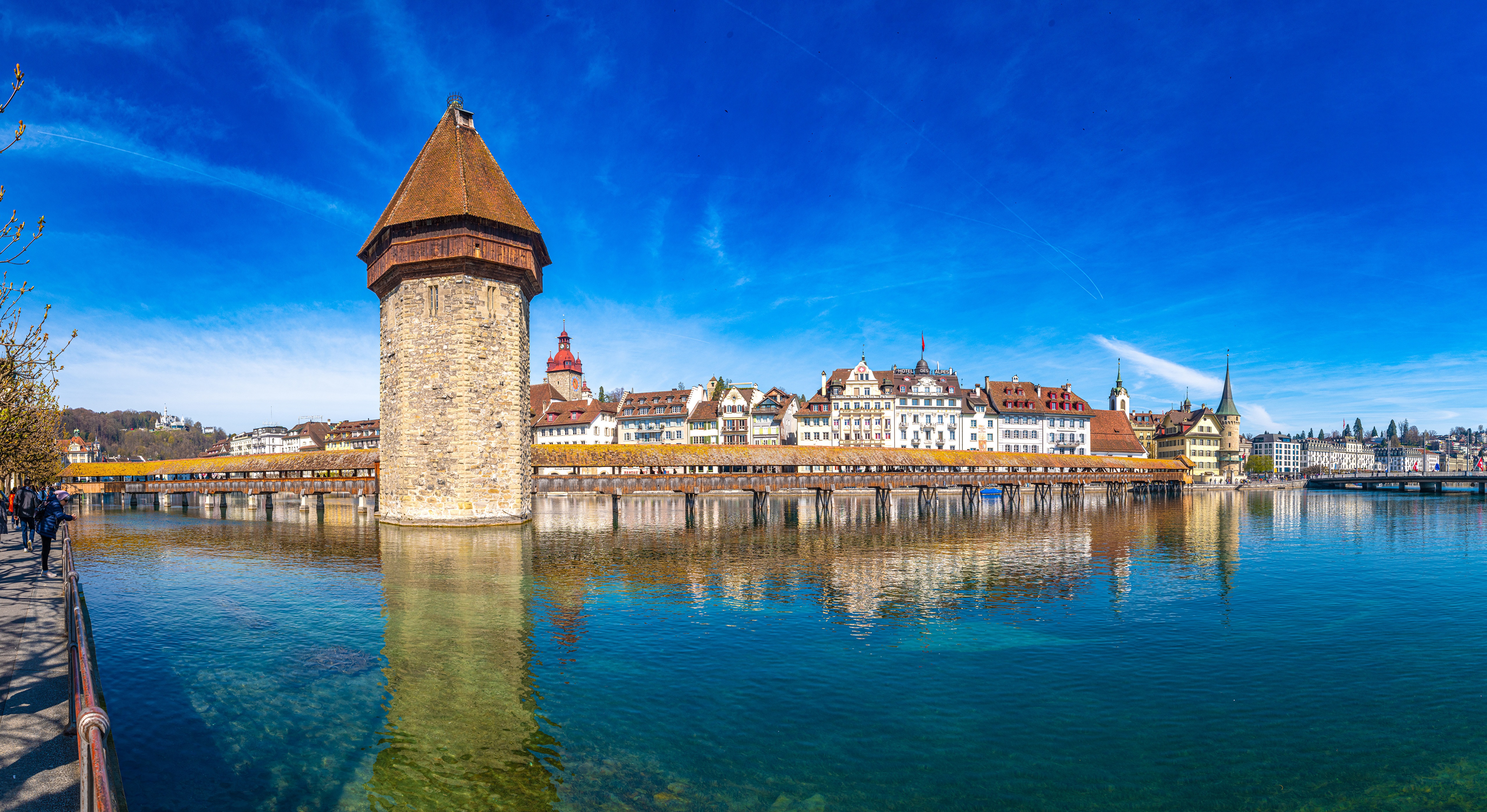 Chapel Bridge and Water Tower in Lucerne, Switzerland HD Wallpaper