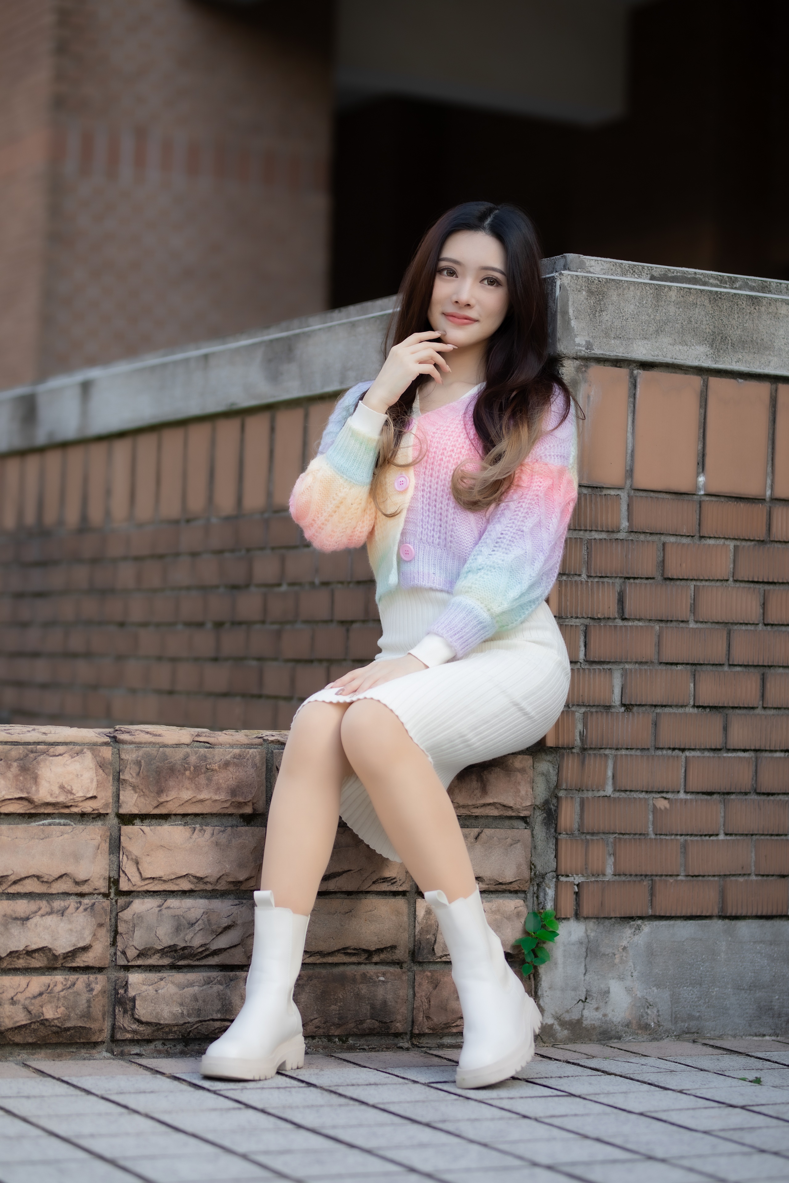 Asian Brunette girl Sitting Legs Skirt Sweater HD Phone Wallpaper
