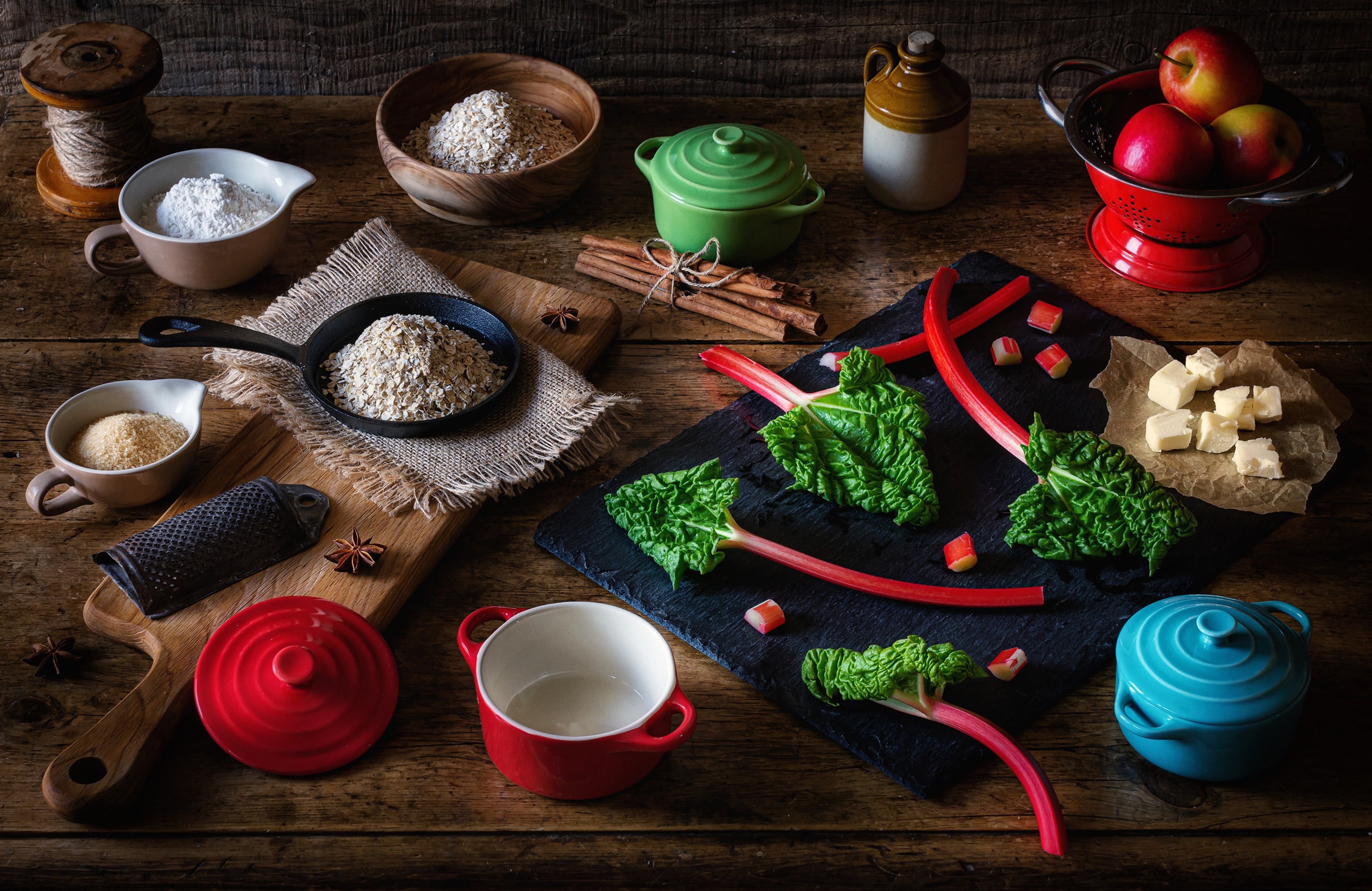 Still-life with Apples, Rhubarb, and Baking Ingredients HD Wallpaper