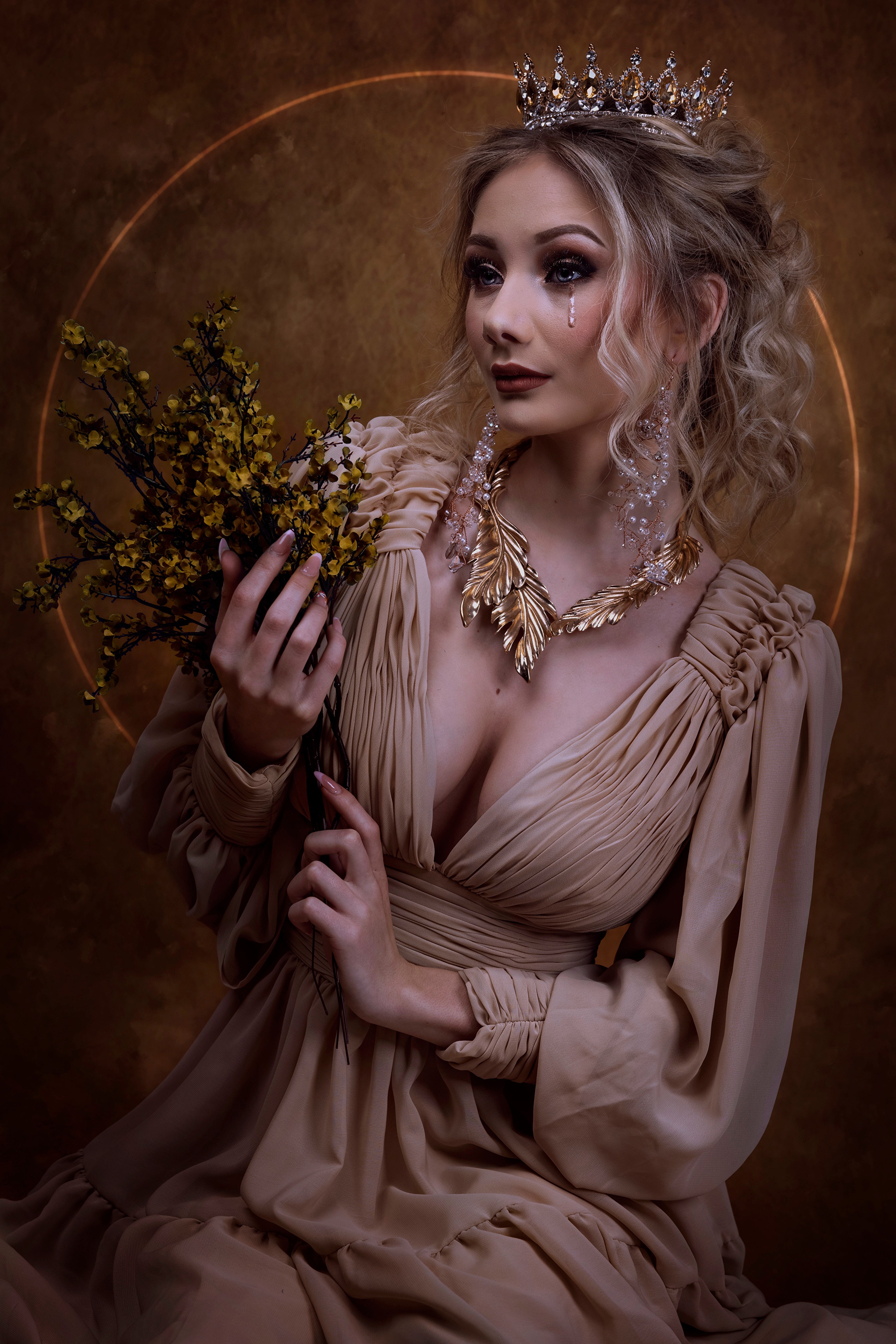 Woman in a crown and dress holding flowers HD Phone Wallpaper