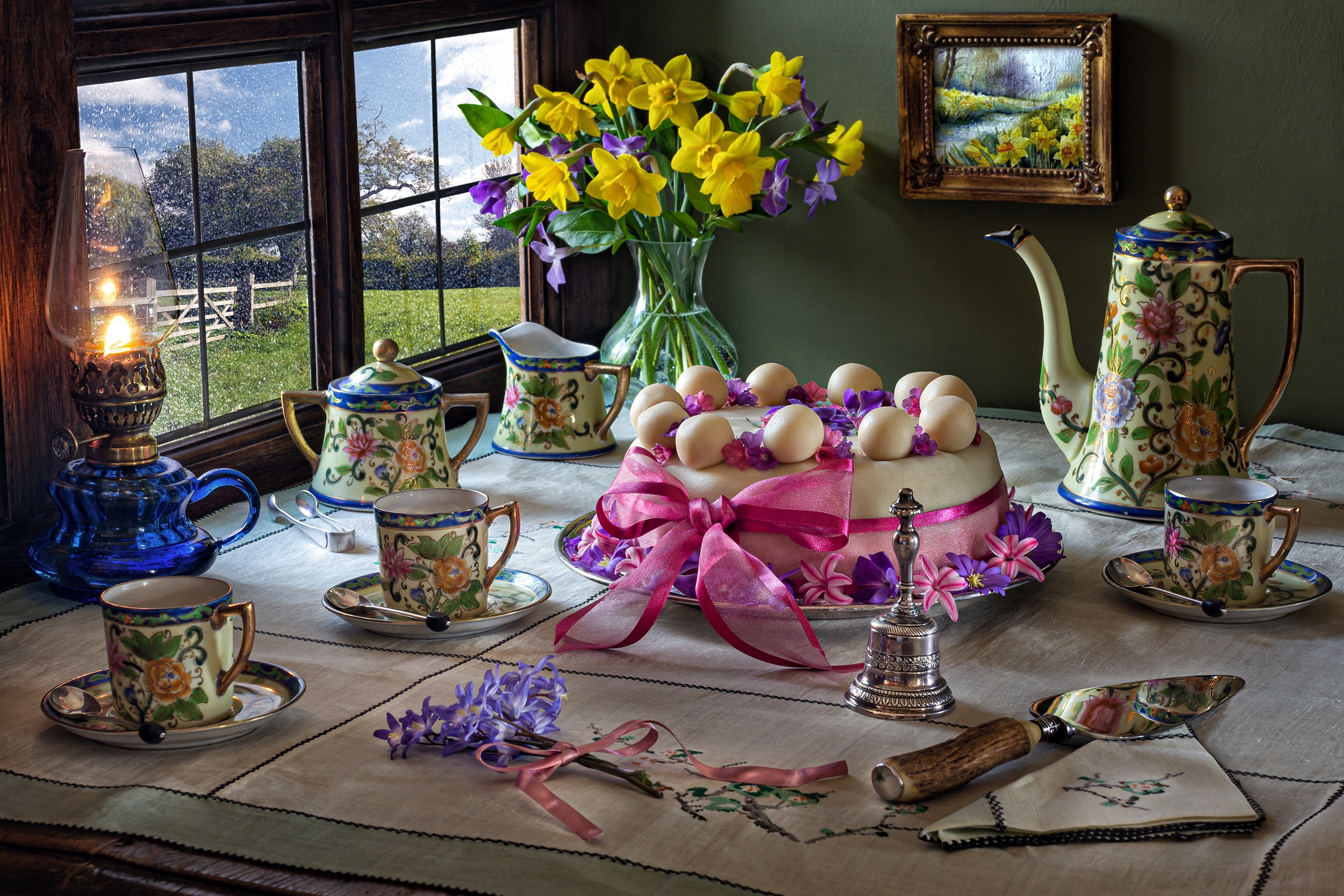 Easter still life with cake and daffodils HD Wallpaper