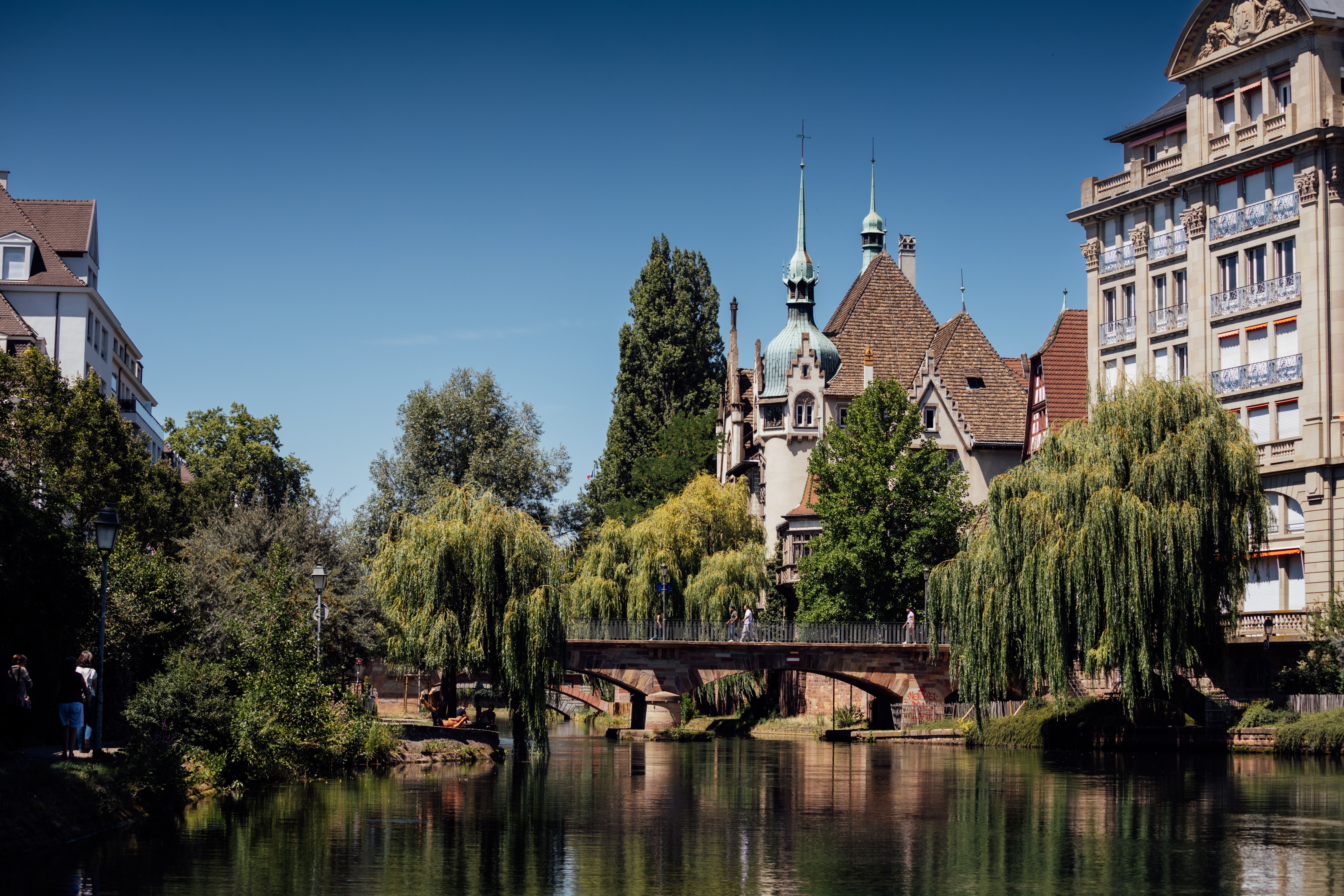 Strasbourg canal with bridge and historic buildings HD Wallpaper