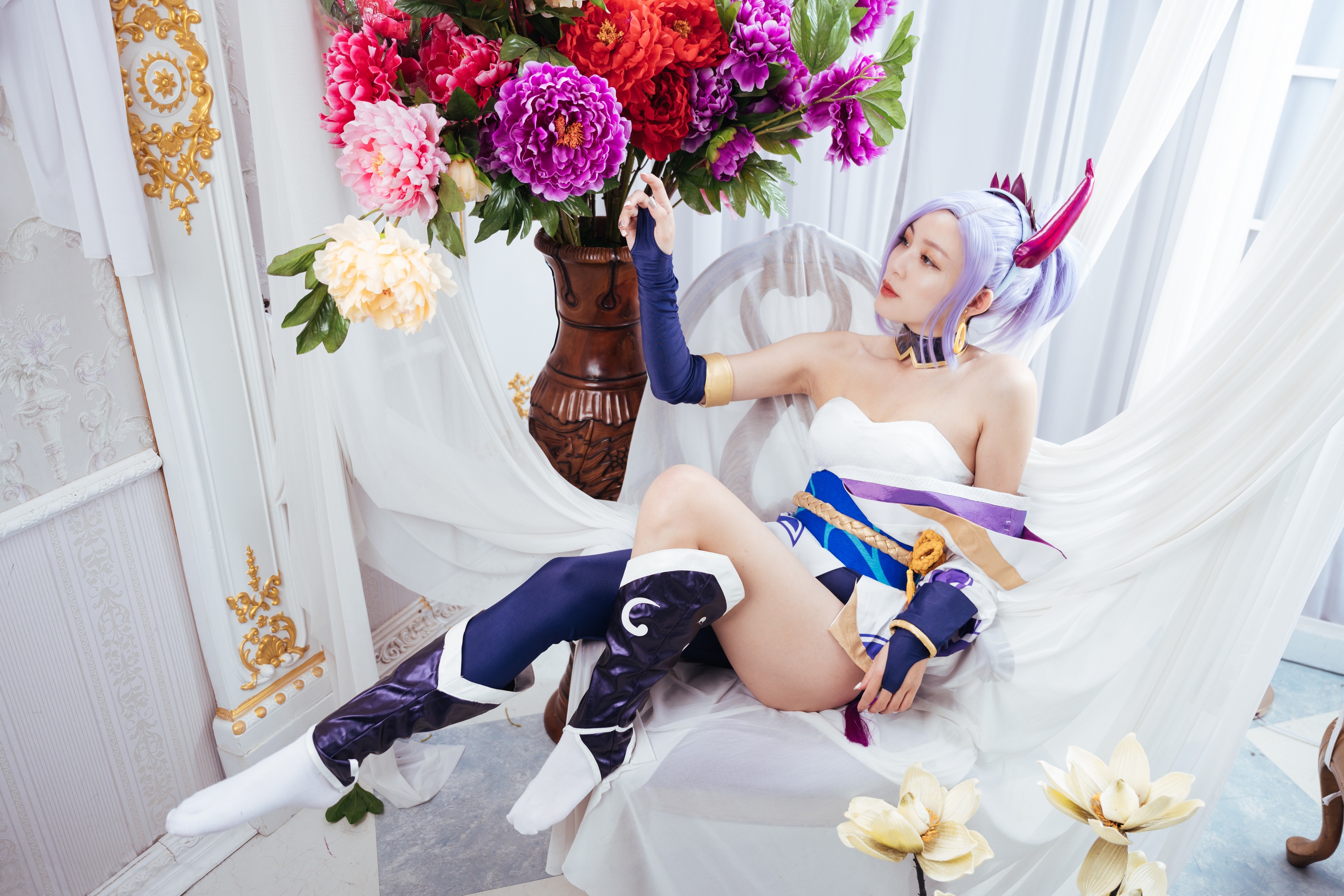 Asian woman in cosplay with flowers HD Wallpaper