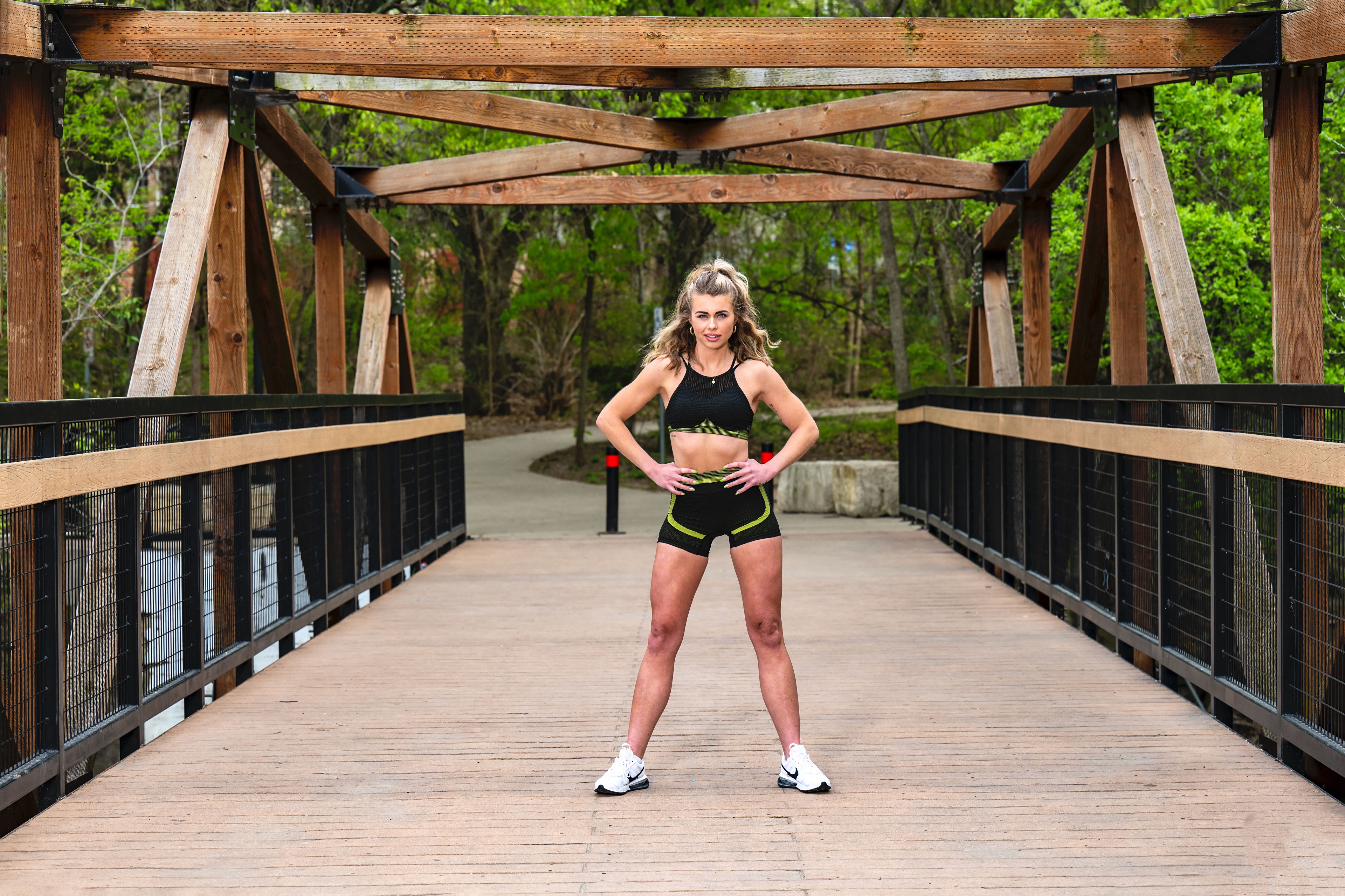 Jenna in Fitness Pose on Wooden Bridge HD Wallpaper