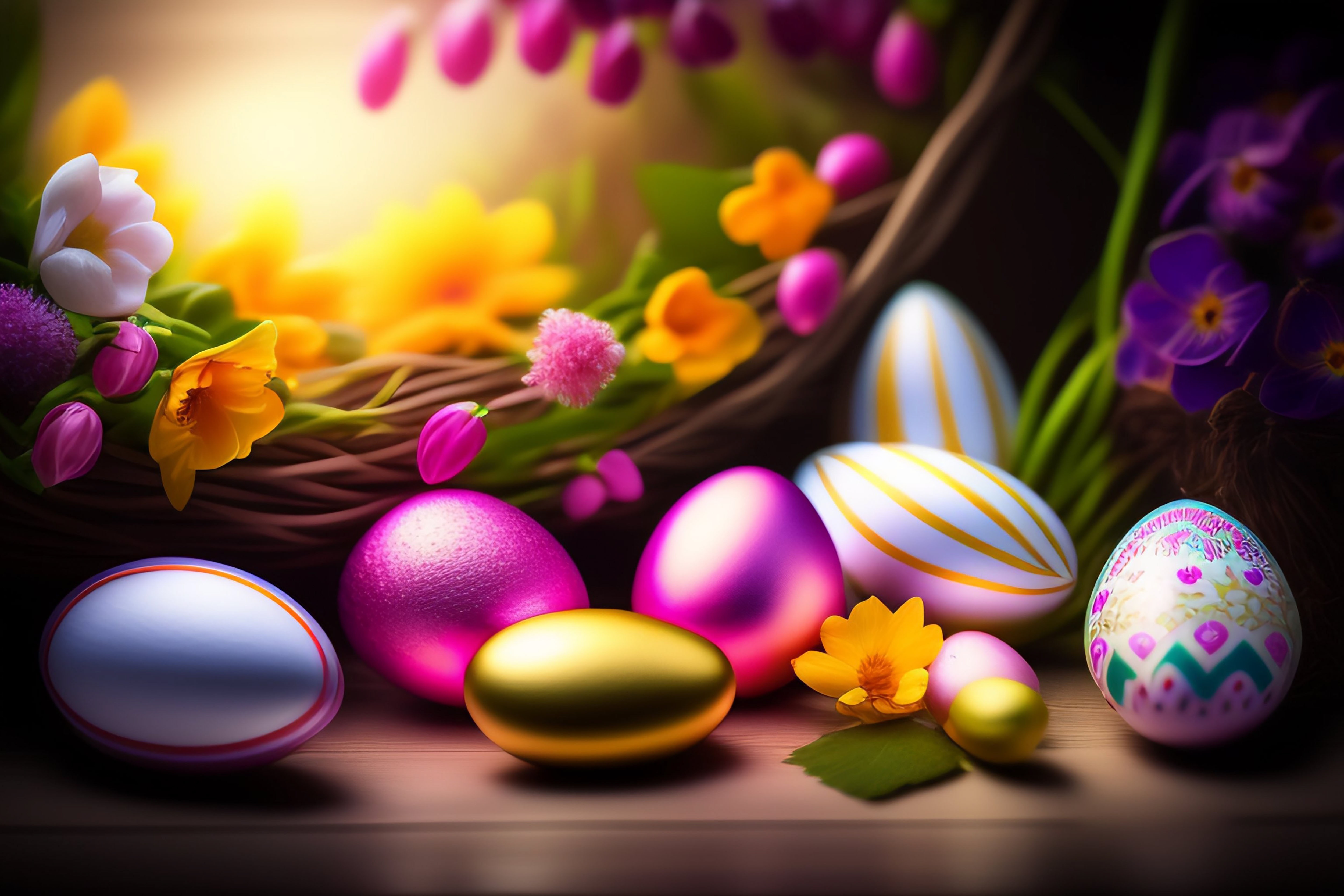 Easter Eggs and Flowers in a Basket HD Wallpaper