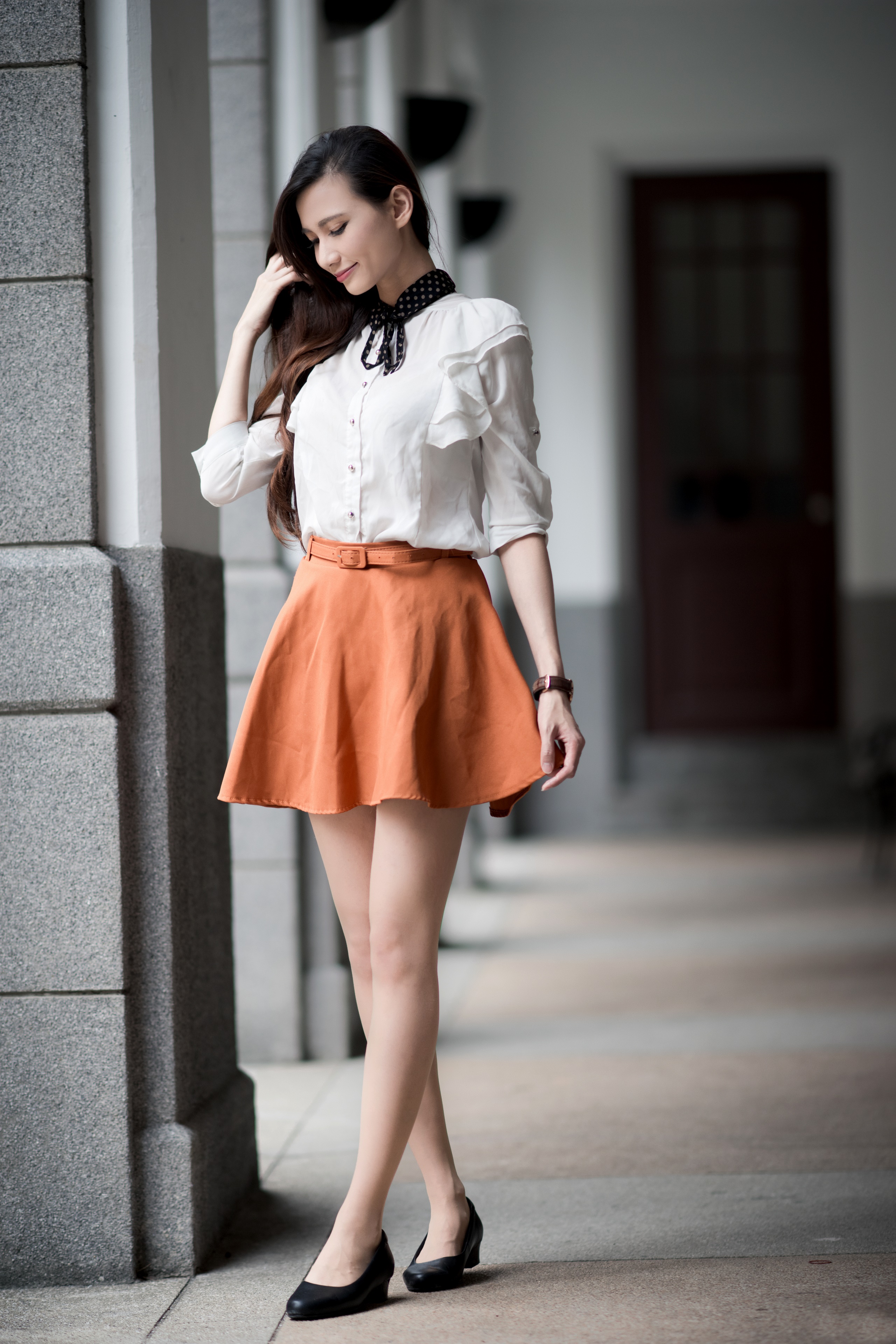 Asian woman in white blouse and orange skirt HD Phone Wallpaper