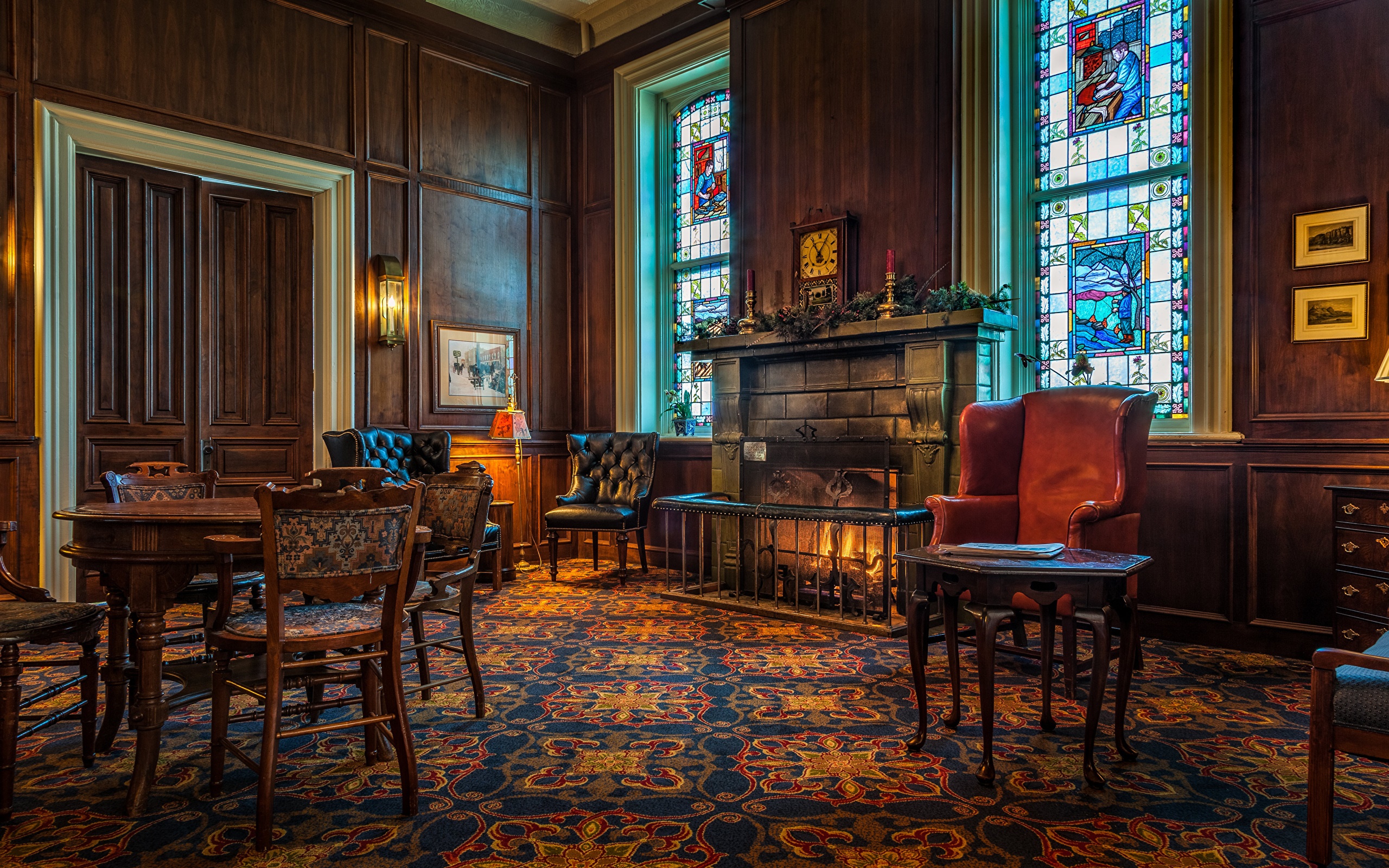 Interior room with fireplace, stained glass windows, and furniture HD Wallpaper