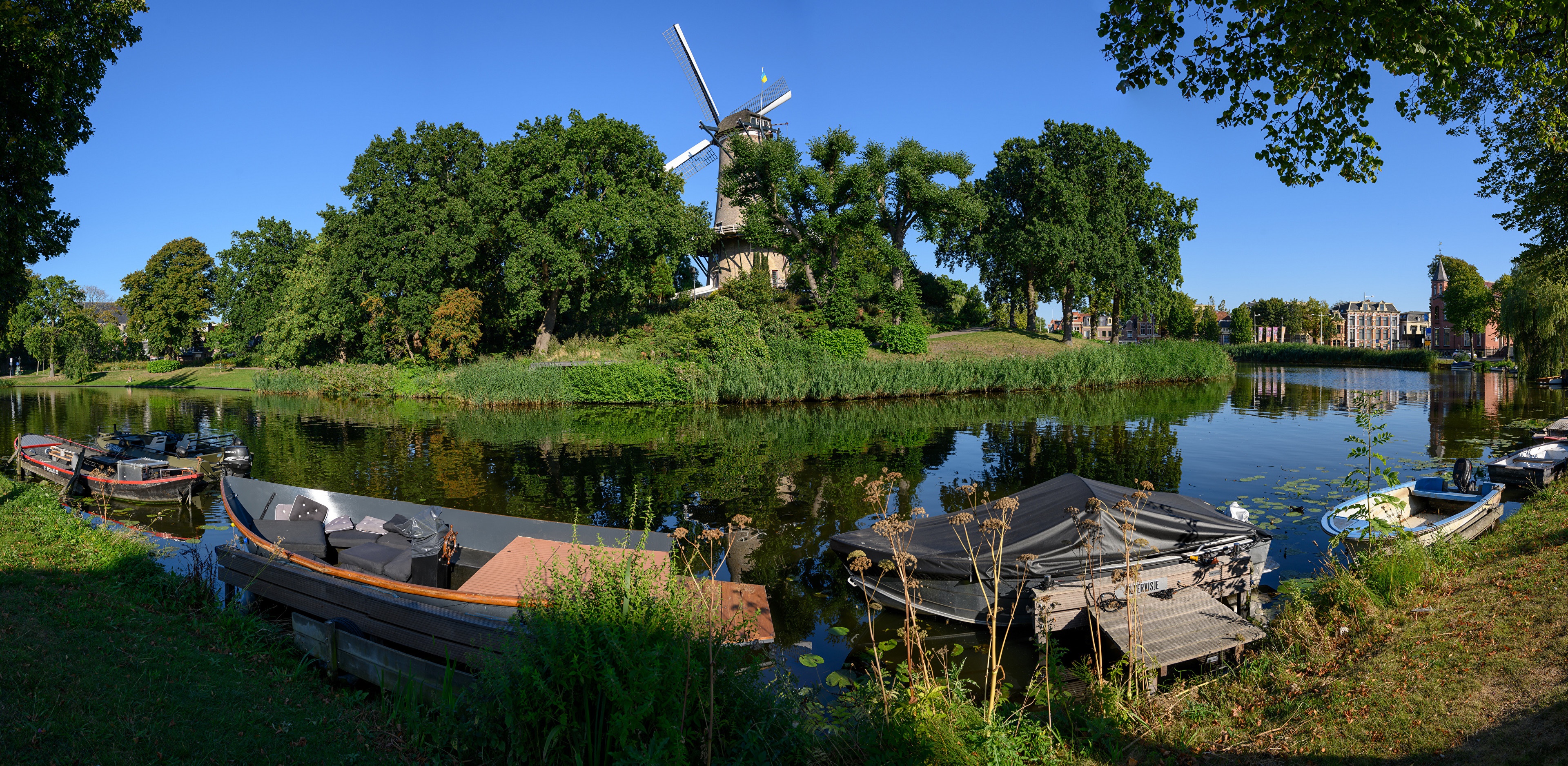 Alkmaar Netherlands Canal with Windmill and Boats HD Wallpaper