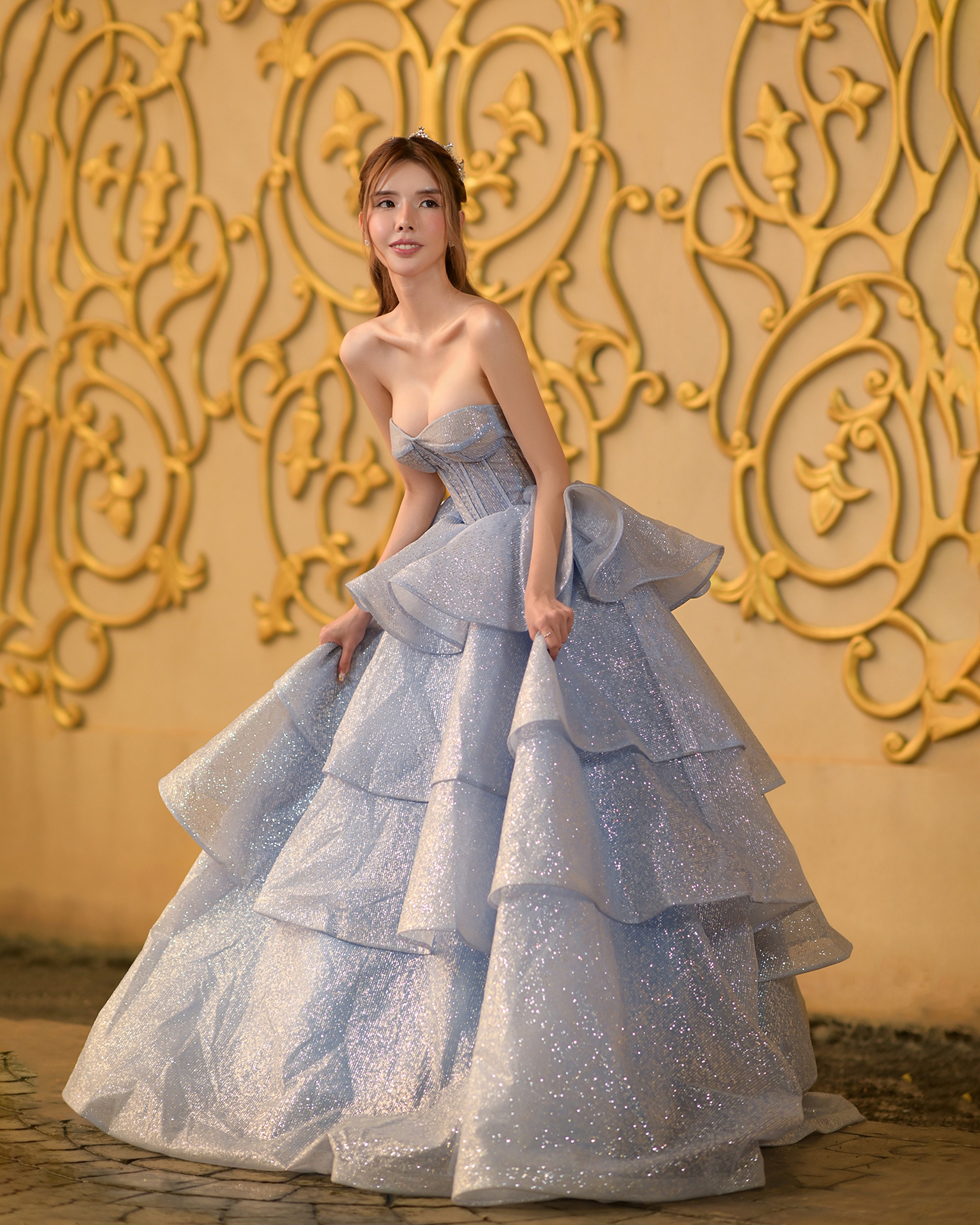 Asian woman in a sparkly blue ball gown HD Phone Wallpaper