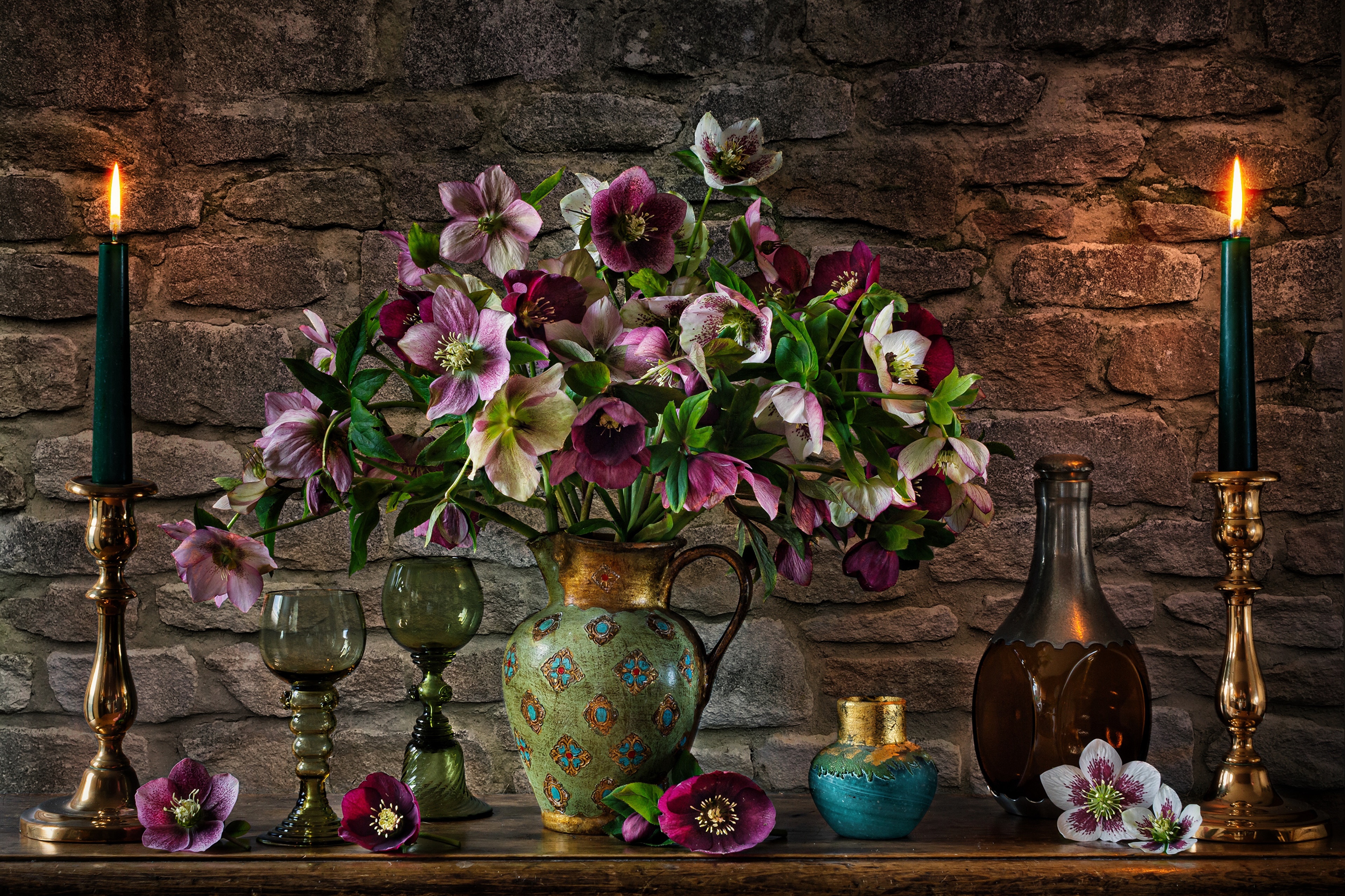 Hellebore Bouquet with Candles and Bottles HD Wallpaper