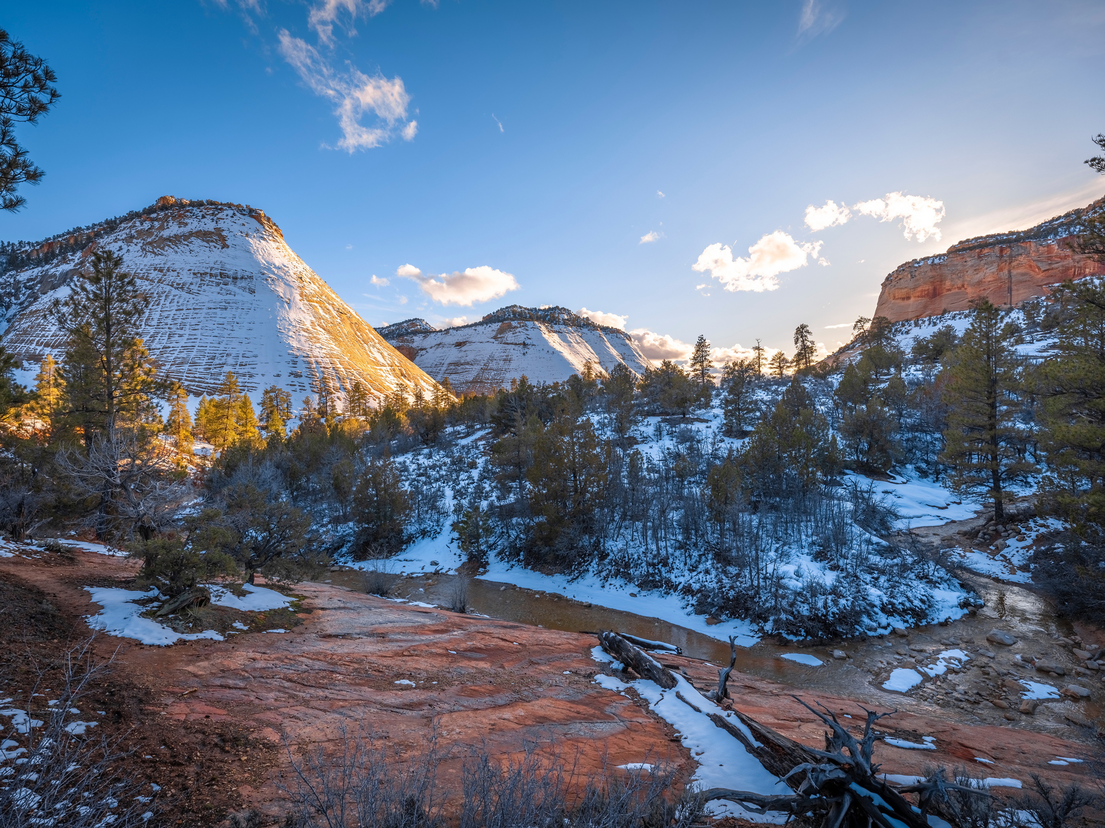 Zion National Park Mountains and River in Winter HD Wallpaper