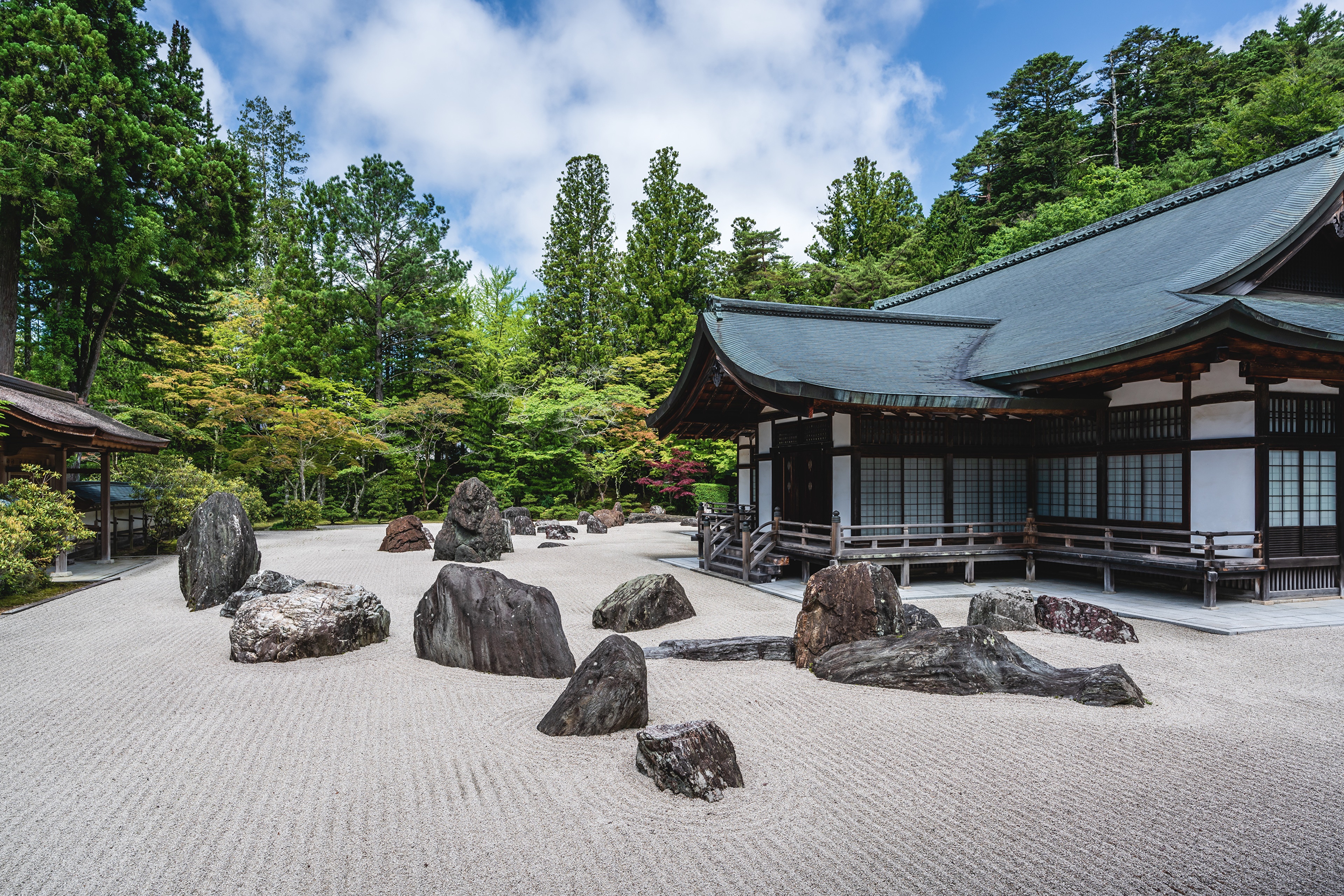 Japanese Zen Garden with Temple and Rocks HD Wallpaper