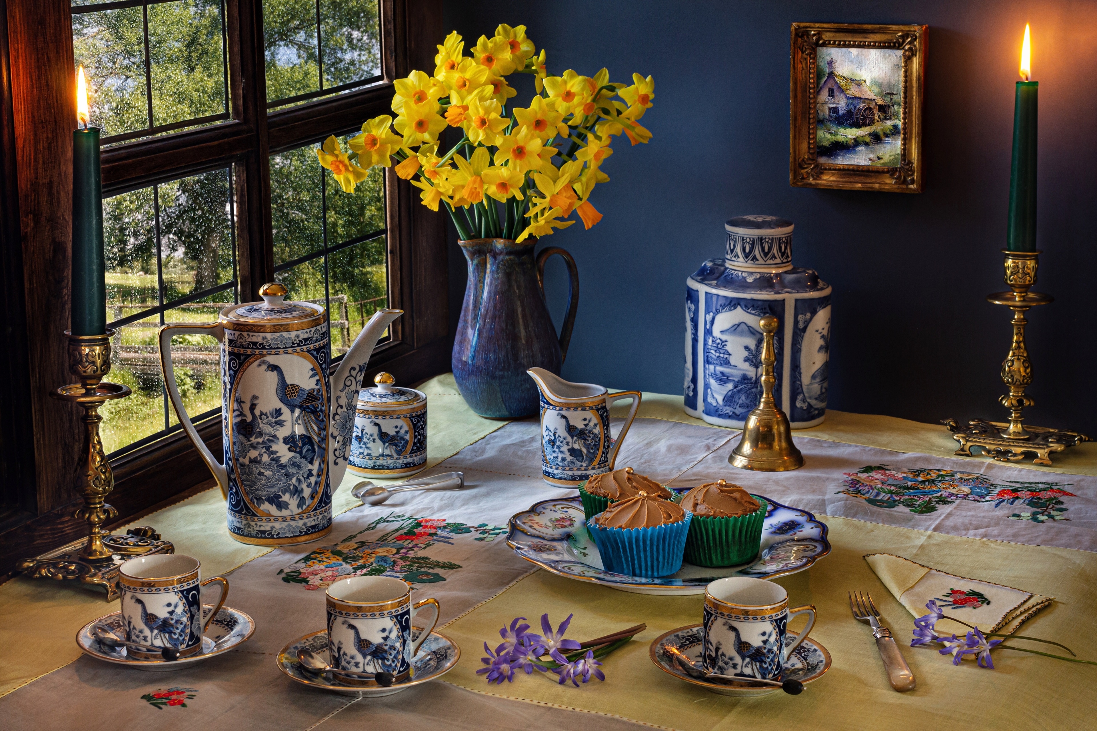 Still life with daffodils, cupcakes, and tea set HD Wallpaper