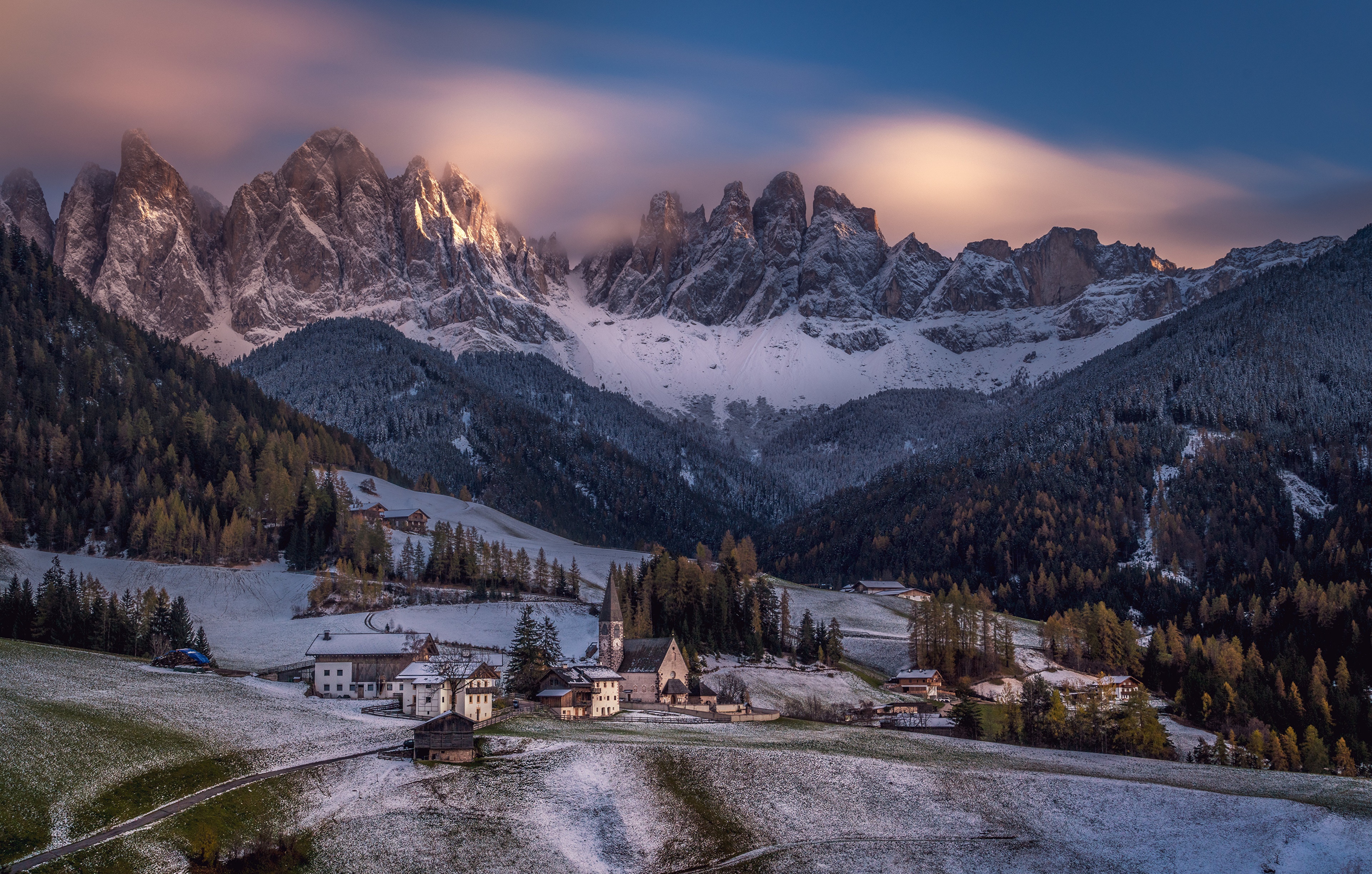 4K Dolomites Italy Mountains Houses Church Evening Alps HD Wallpaper