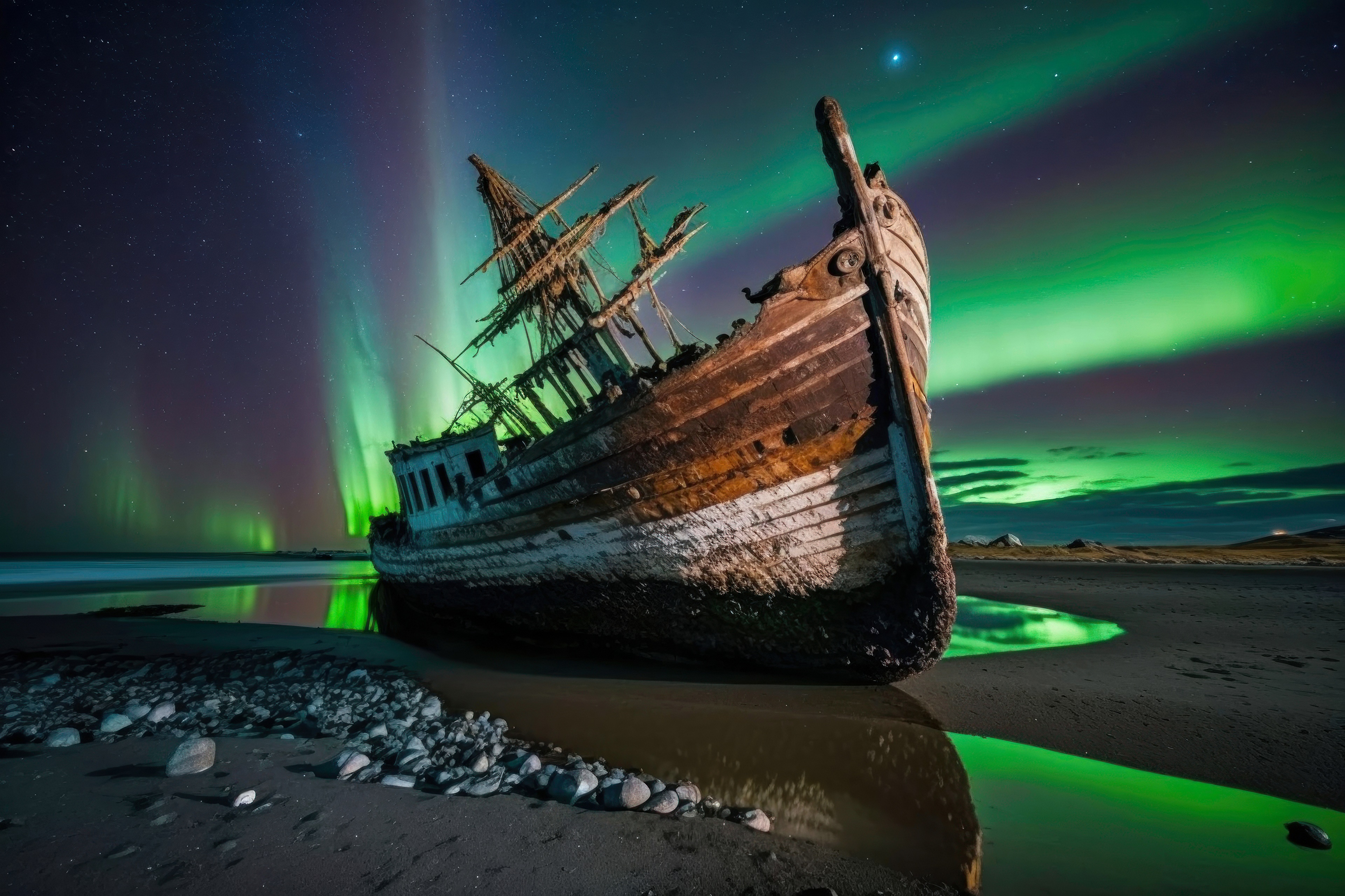 Old shipwreck on a beach under the Aurora HD Wallpaper