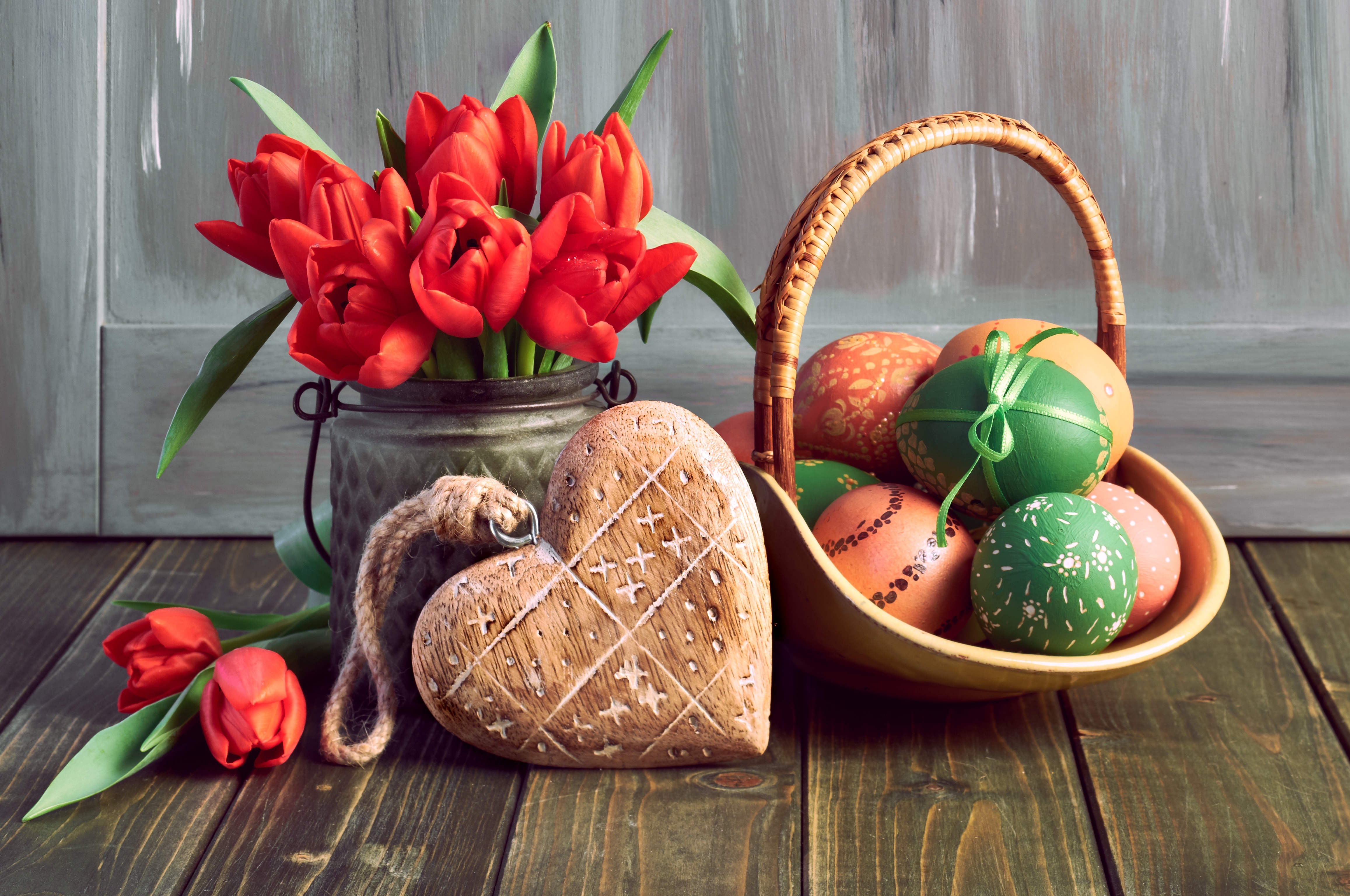 Easter Tulips, Eggs, and Heart Decoration HD Wallpaper