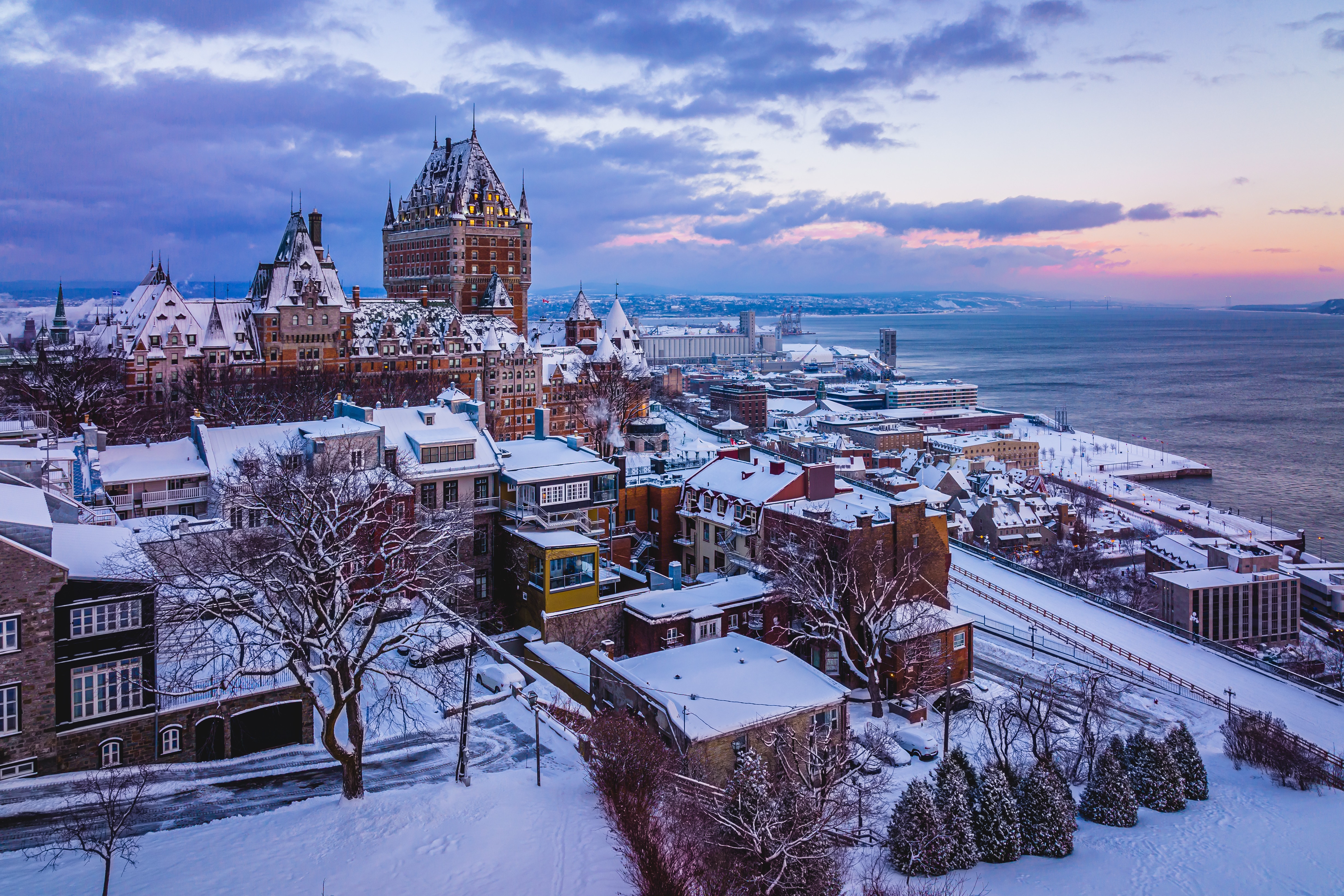 Quebec City Winter Landscape with Chateau Frontenac HD Wallpaper