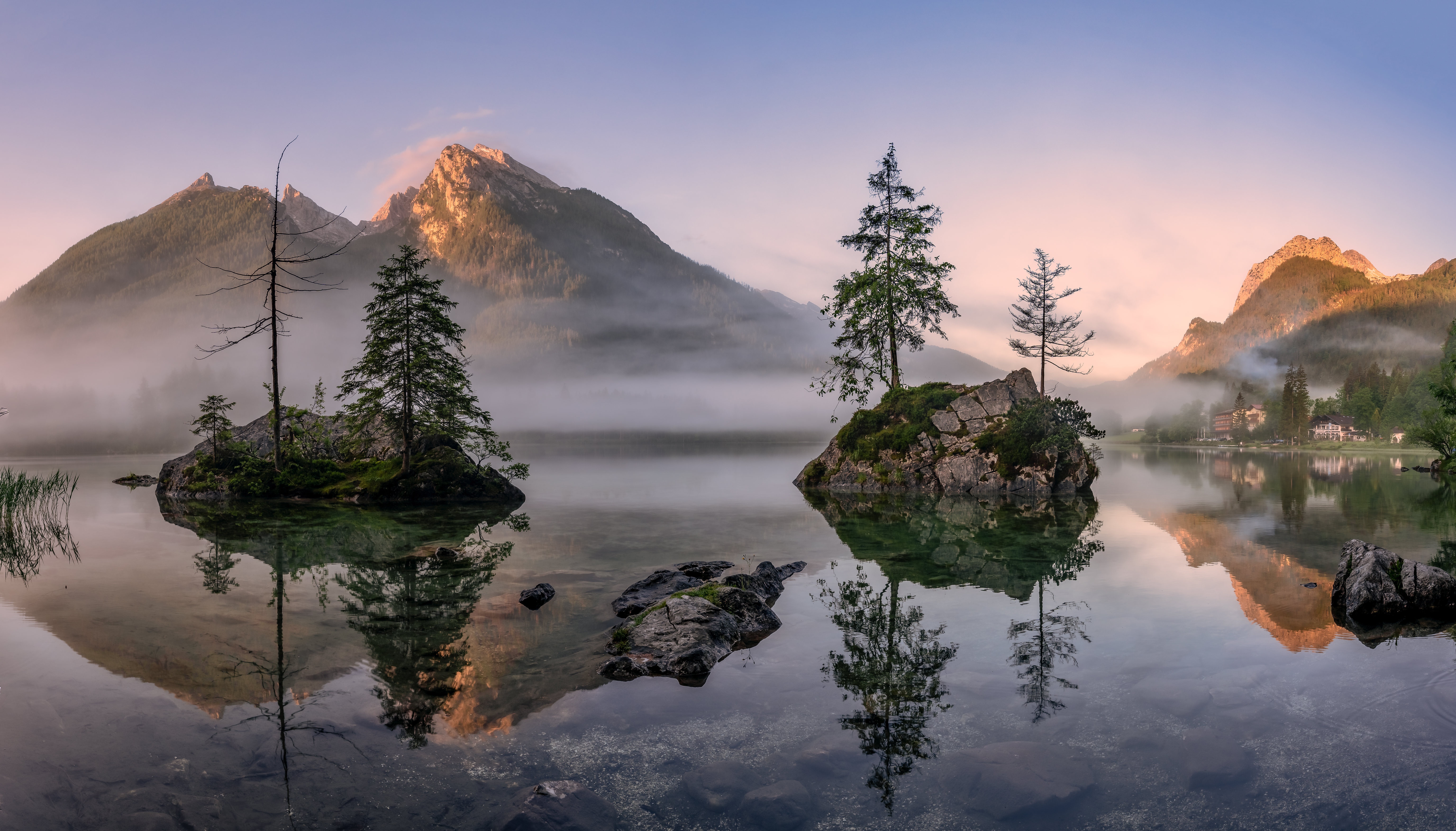Mountains and lake in Bavaria, Germany at sunrise with fog HD Wallpaper