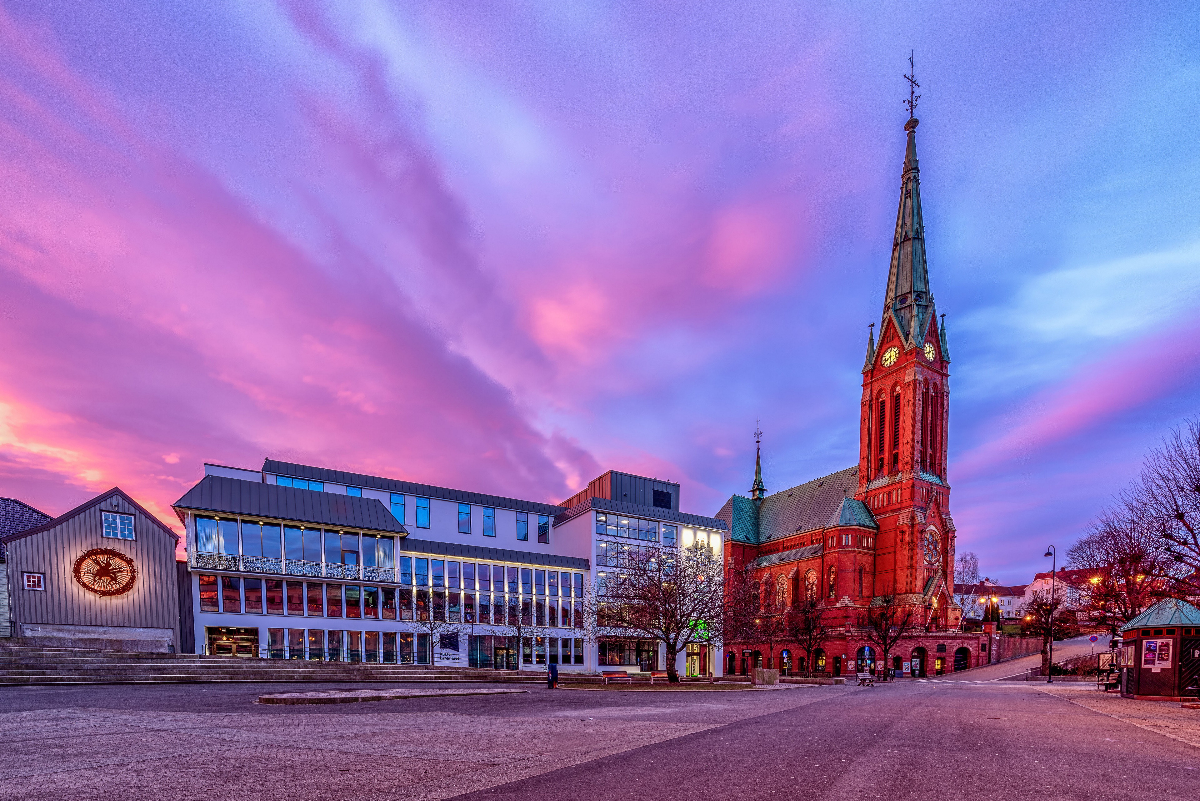 Arendal Church and Buildings at Dusk, Norway HD Wallpaper